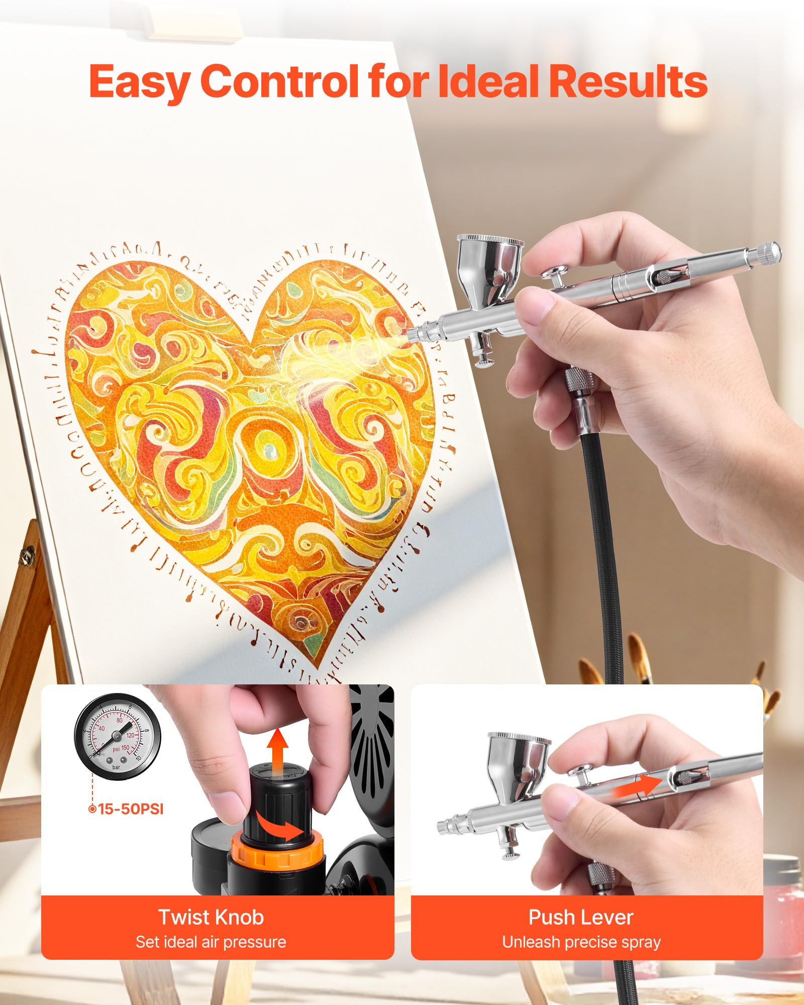 VEVOR Kit Aérographe avec Compresseur d’Air 1/6 HP et Réservoir, Compresseur Aérographe avec 1 Pistolet à Double Action, 1 Buse, Tuyau, Peinture Acrylique, 2 Ventilateurs, Décoration Pâtisserie