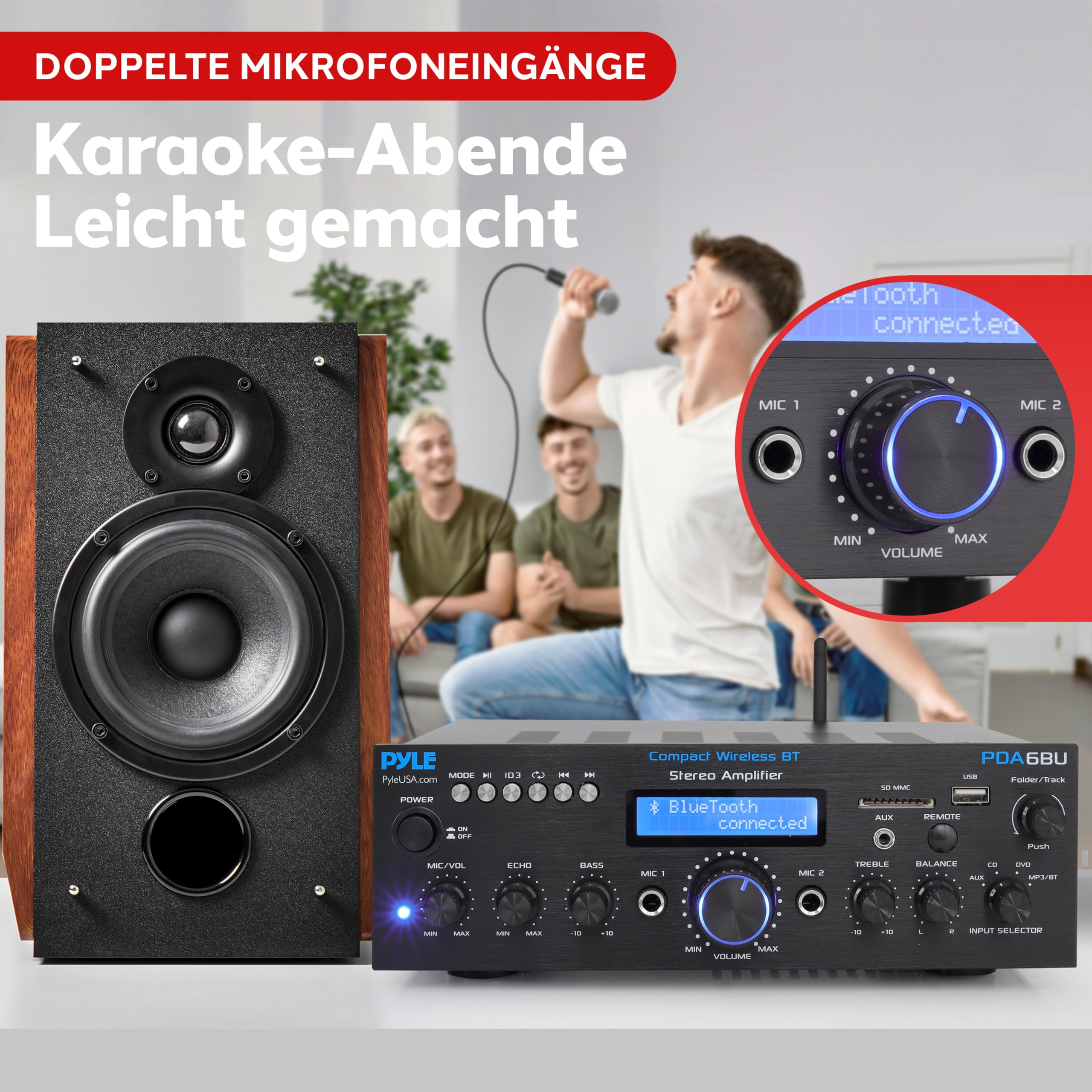 Pyle HiFi Verstärker 200W Bluetooth Stereo Verstärker, 2 Kanal mit USB SD AUX Audio Receiver mit Mikrofoneingang Echo FM Radio und LCD Display für Karaoke und Heimkino