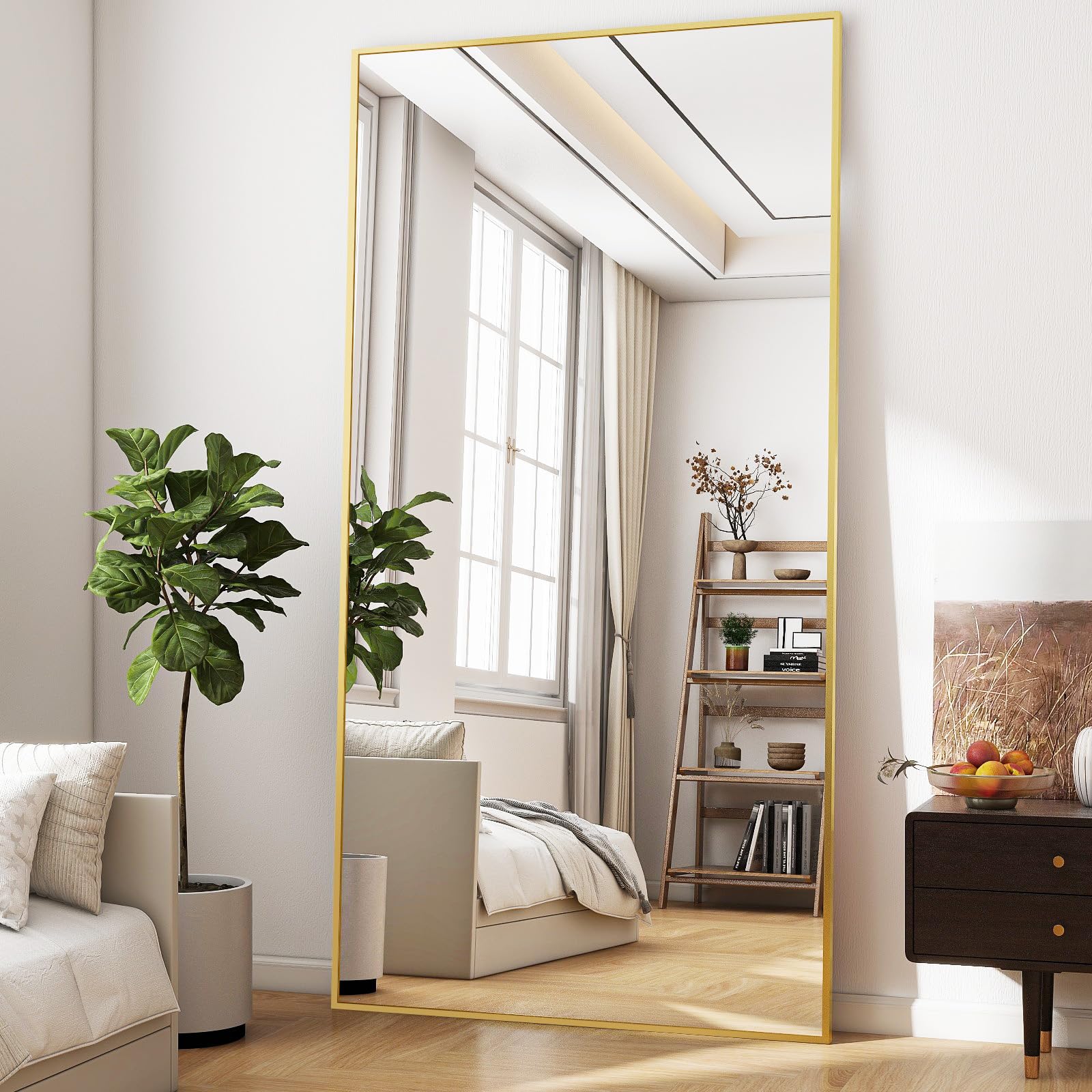 BEAUTYPEAK Rechteckiger Ganzkörperspiegel, Standspiegel und Wandspiegel mit Aluminiumrahmen, Shatterproof Glas für Verzerrungsfreie Reflexion, ideal für Schlafzimmern, Eingangstür, Fluren