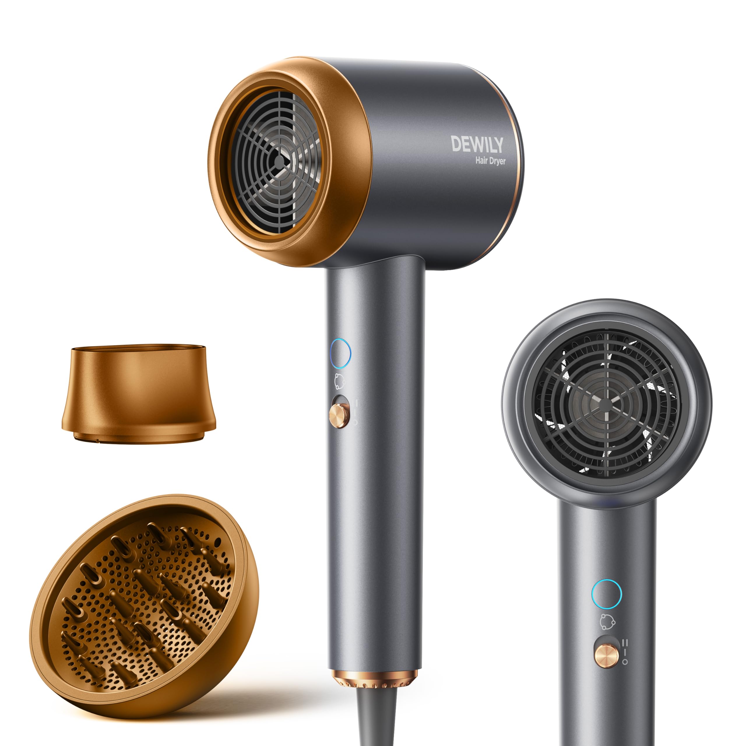 Ionen Föhn mit Diffusor 1800W - DEWILY Schnelltrocknen Haartrockner Hair Dryer, 3 Temperatureinstellungen/ 2-Gang, Kompakt Tragbar Reisefön mit Diffusor für Locken, Schwarz Grau und Gold