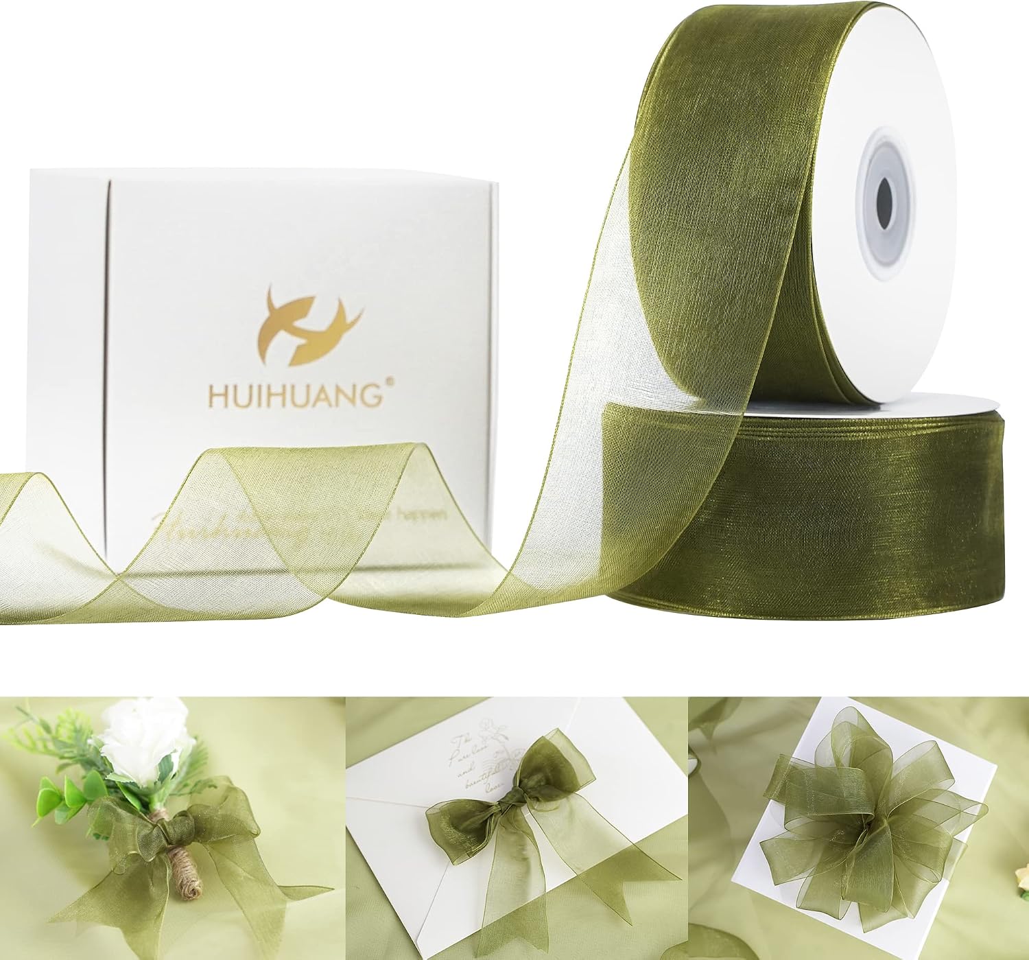 HUIHUANG 2 Rolls Shimmer Sheer Organza Ribbon 1-1/2 Inch Champagne Chiffon Fabric Ribbon for Wedding Gift Wrapping Floral Bouquet Baby Shower All Types of Crafts - 50 Yards Each Roll