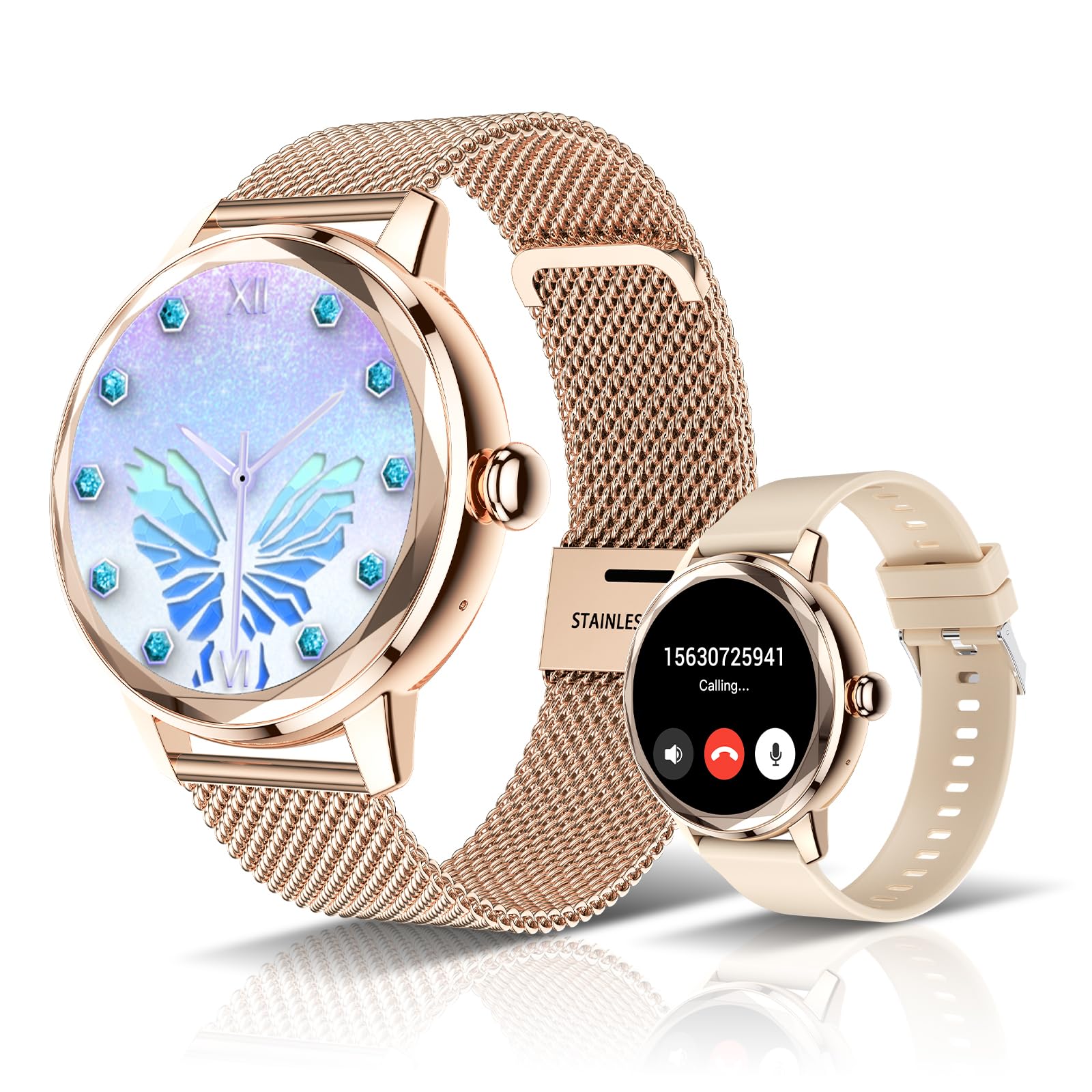 ORITHAM Smart Watch for Women,Fitness Tracker with Heart Rate/SpO2 Monitor, IP67 Elegant Woman Watch with Answer Calls&Dials, Compatible iOS Android, Rose Gold Sports Smartwatch, 2 Bands