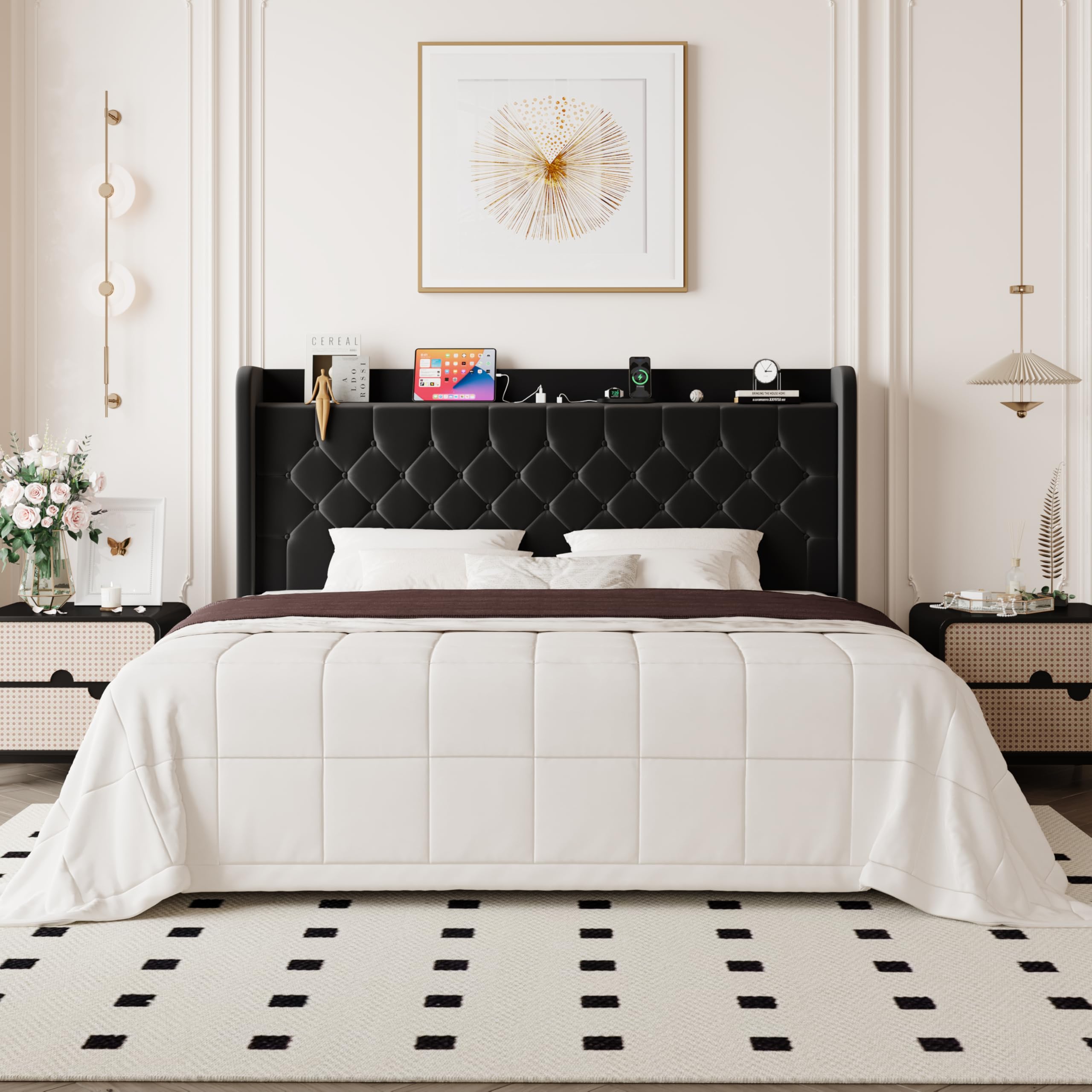Allewie King Size Bed Frame, Storage Headboard with Charging Station, Wingback Velvet Upholstered, Diamond Stitched Button Tufted, Sturdy Wooden Slats