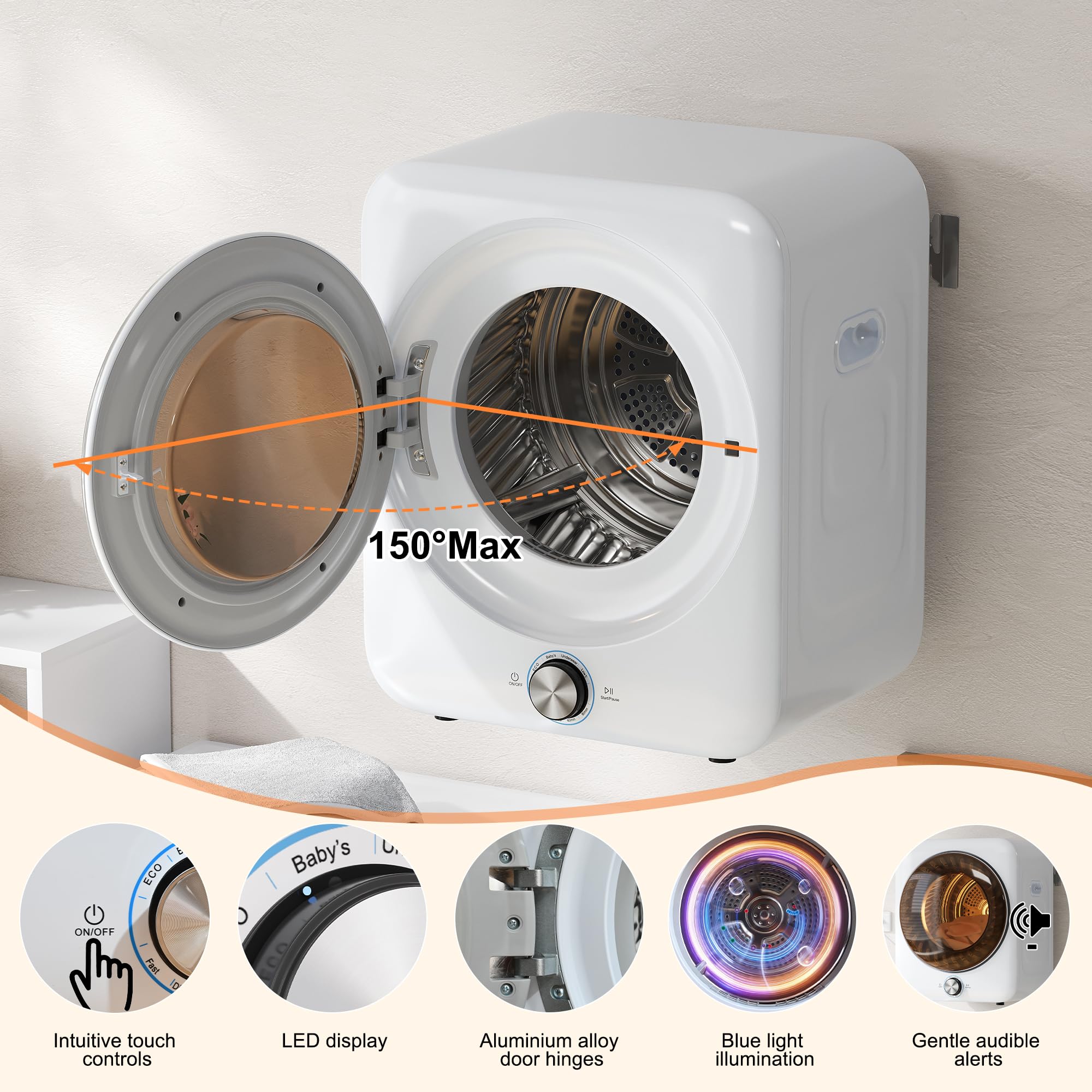 Sèche-Linge À Évacuation 3 Kg Silencieux Compact 8 Programmes Capteur NTC Double Filtration Lavable Installation Murale Pose Libre