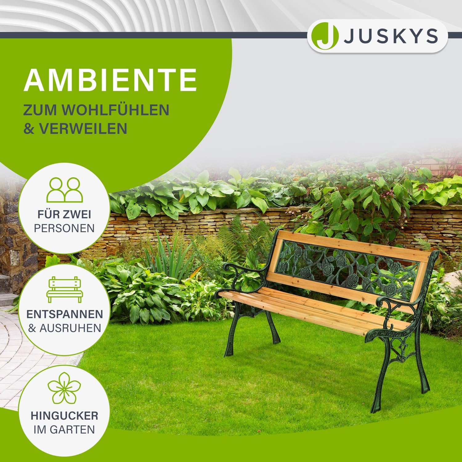 Juskys Gartenbank Venezia - 2-Sitzer Holzbank mit Armlehnen & Rückenlehne - wetterfeste Sitzbank 122x54x73 cm - Seitenelemente aus Gusseisen