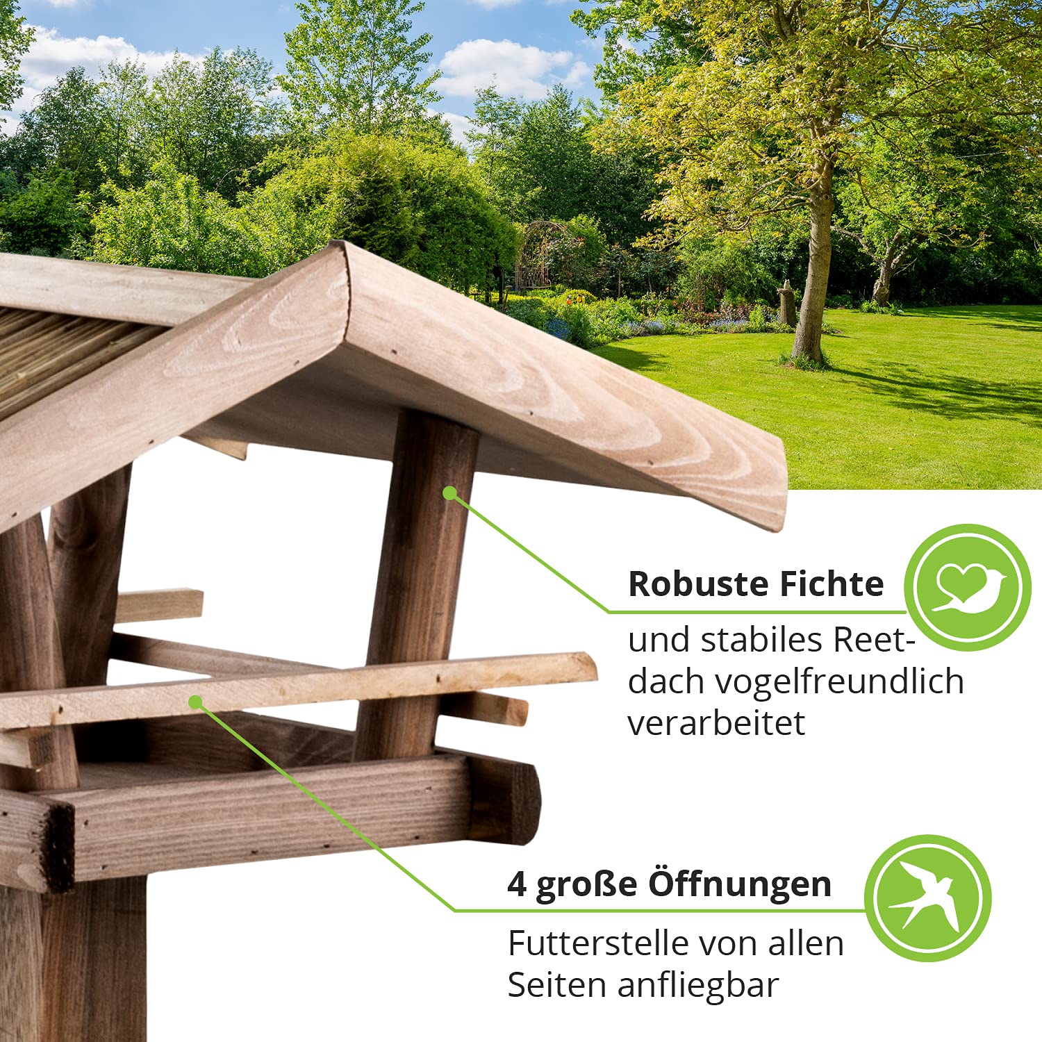 GARTENETAGE Vogelhaus mit Reetdach/Vogelfutterhaus aus Holz/Vogelhaus mit Ständer wetterfest/Vogelhäuschen für Balkon und Garten, handgefertigt/Futterhaus für Vögel