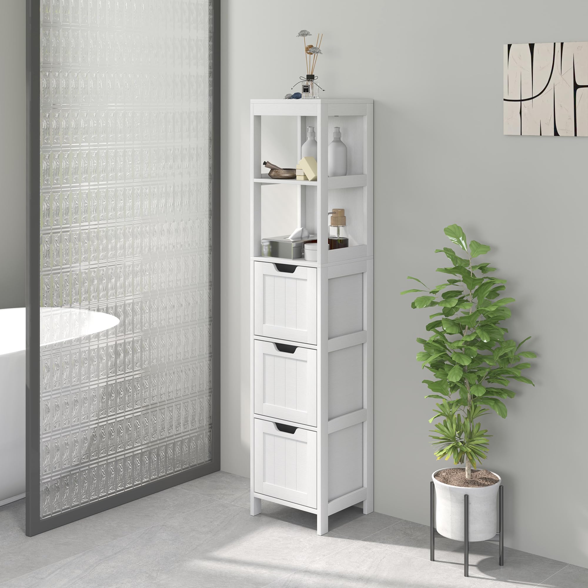 HOMCOM Badezimmerschrank mit 3 Schubladen in Weiß 30 x 30 x 142,4 cm