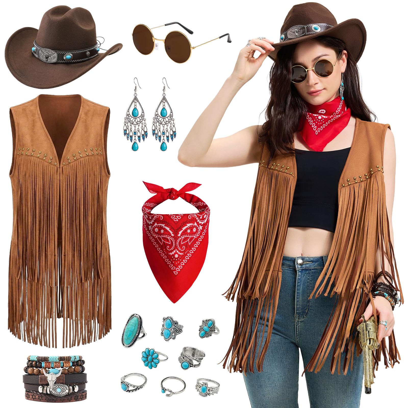 BuzzoXerex Women's Cowboy Costume, 19 Pieces Women's Cowboy Costume with Fringed Vest, Cowboy Hat, Scarf, Bracelet, Ring, Earrings Western Cowboy Women for Carnival (XL)