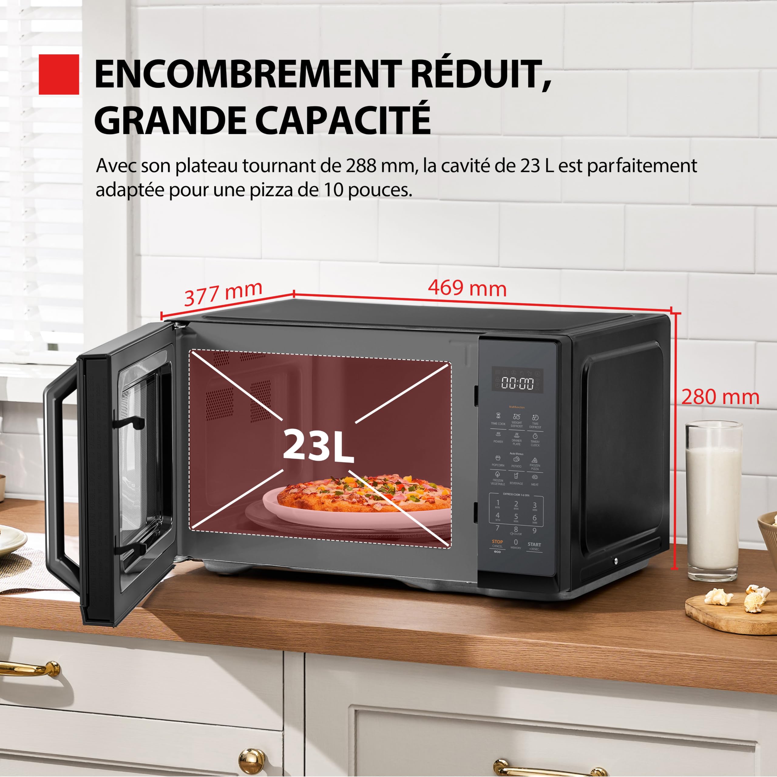 Toshiba Micro-ondes MW3-EM23PE(BK), 23L, Micro-ondes sur Pied, Chauffage Rapide 900W,11 Niveaux de Puissance, avec 7 Menus Automatiques, Noir