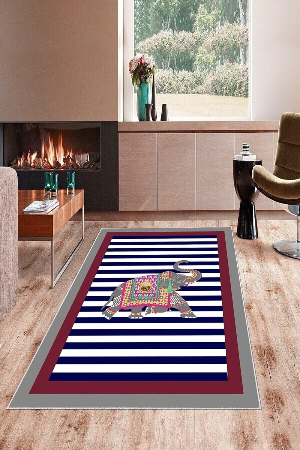 Pelangi Gri Fil Desenli Çerçeveli Yıkanabilir Kaymaz Taban Leke Tutmaz Modern Salon Halısı Ve Yolluk, Lacivert-Bordo 180 x 250, 7457111818025005