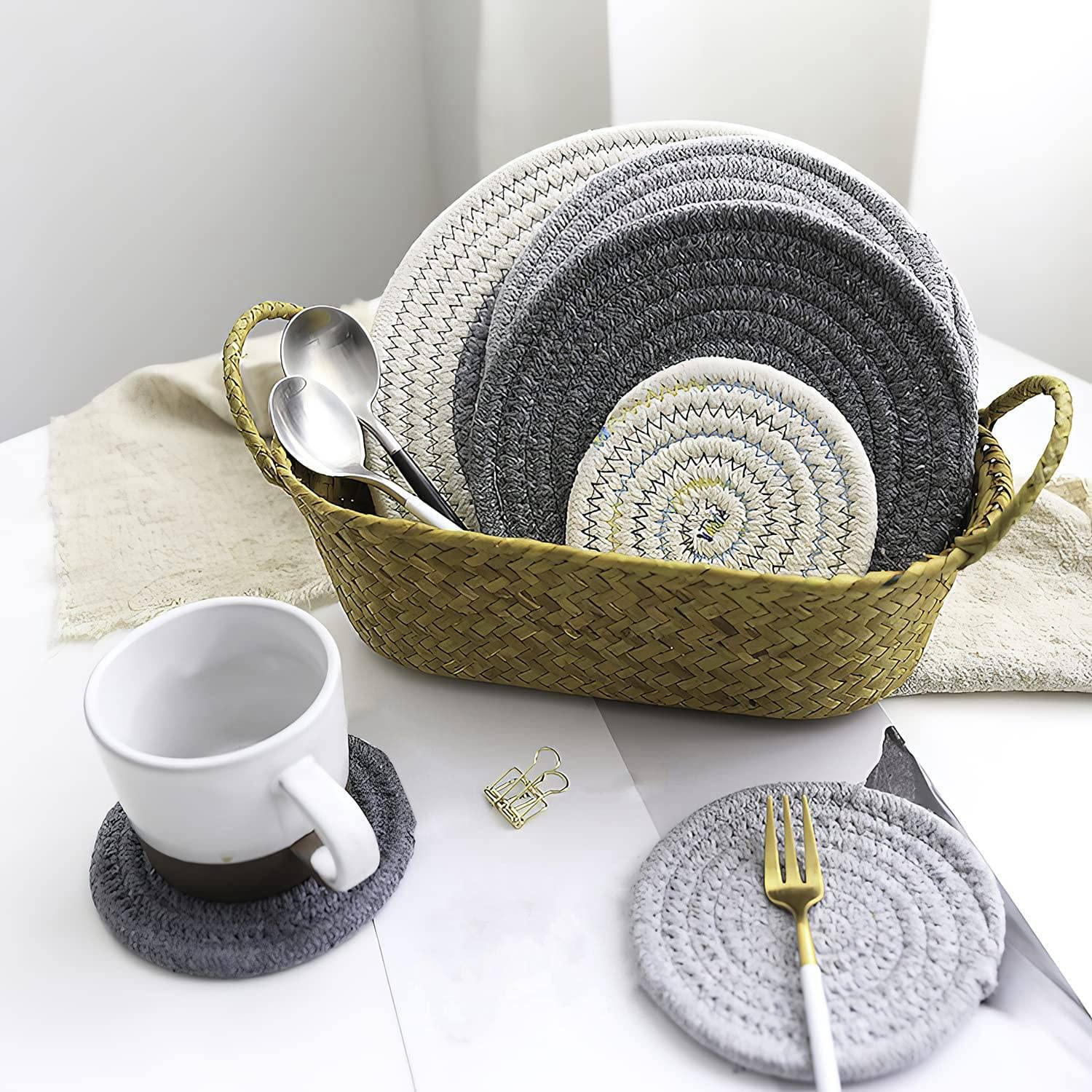 Hopbucan 8 Pcs Drink Coasters with Holder, 4 Colors Absorbent Coasters for Drinks Minimalist Cotton Woven Coaster Set for Home - Image 4