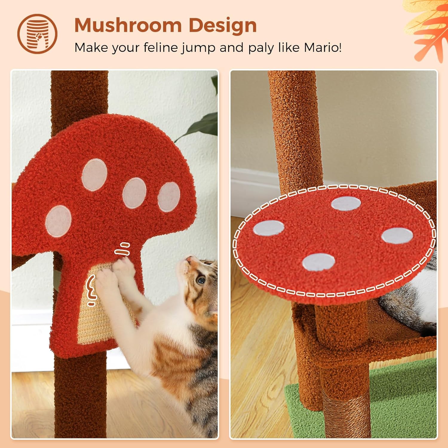 A cat scratching the mushroom-shaped scratching board and another cat playing with a dangling pom-pom toy.