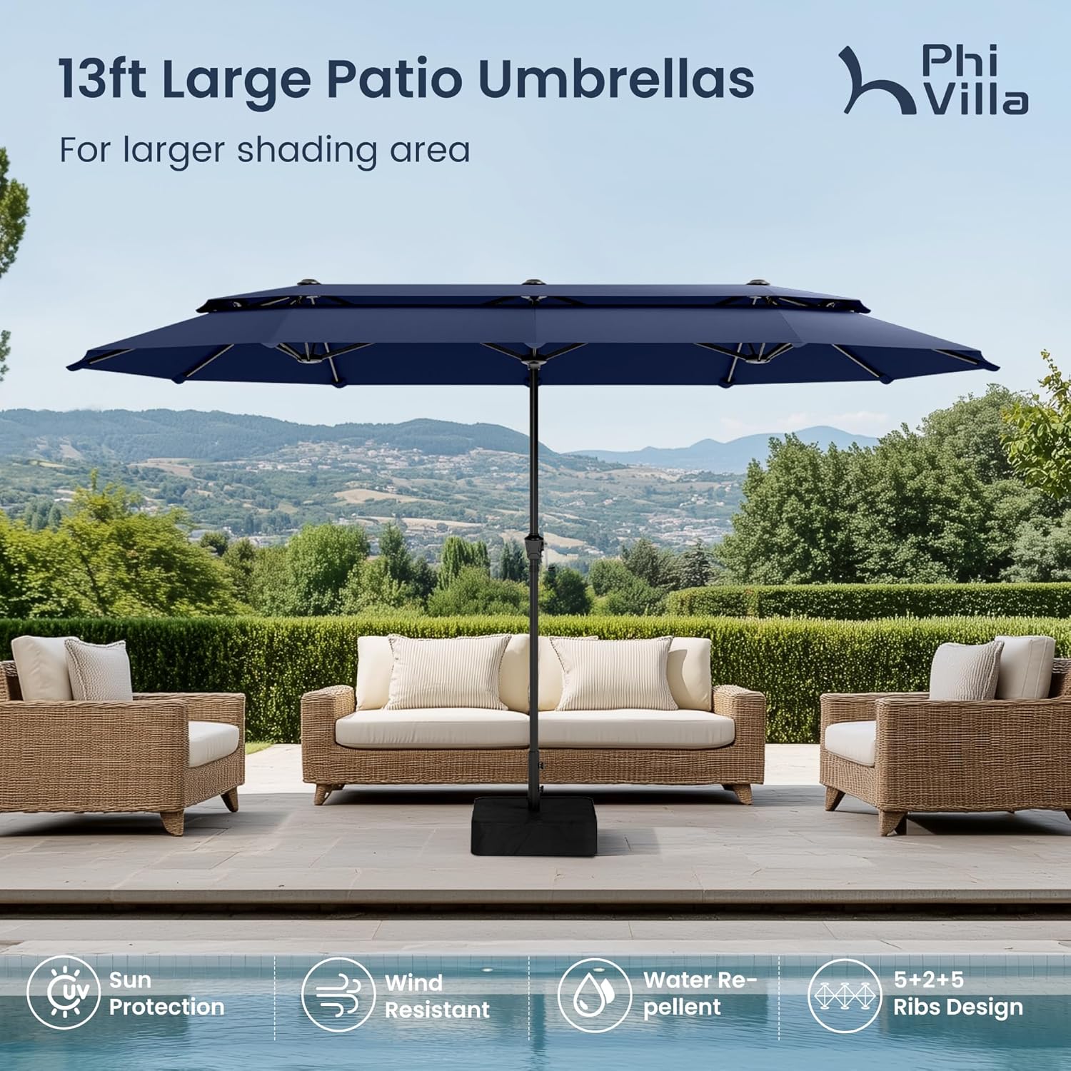 PHI VILLA 13ft Large Patio Umbrellas with Base Included, 2-Tier Double-Sided Outdoor Market Rectangle Umbrella for Outside, Blue