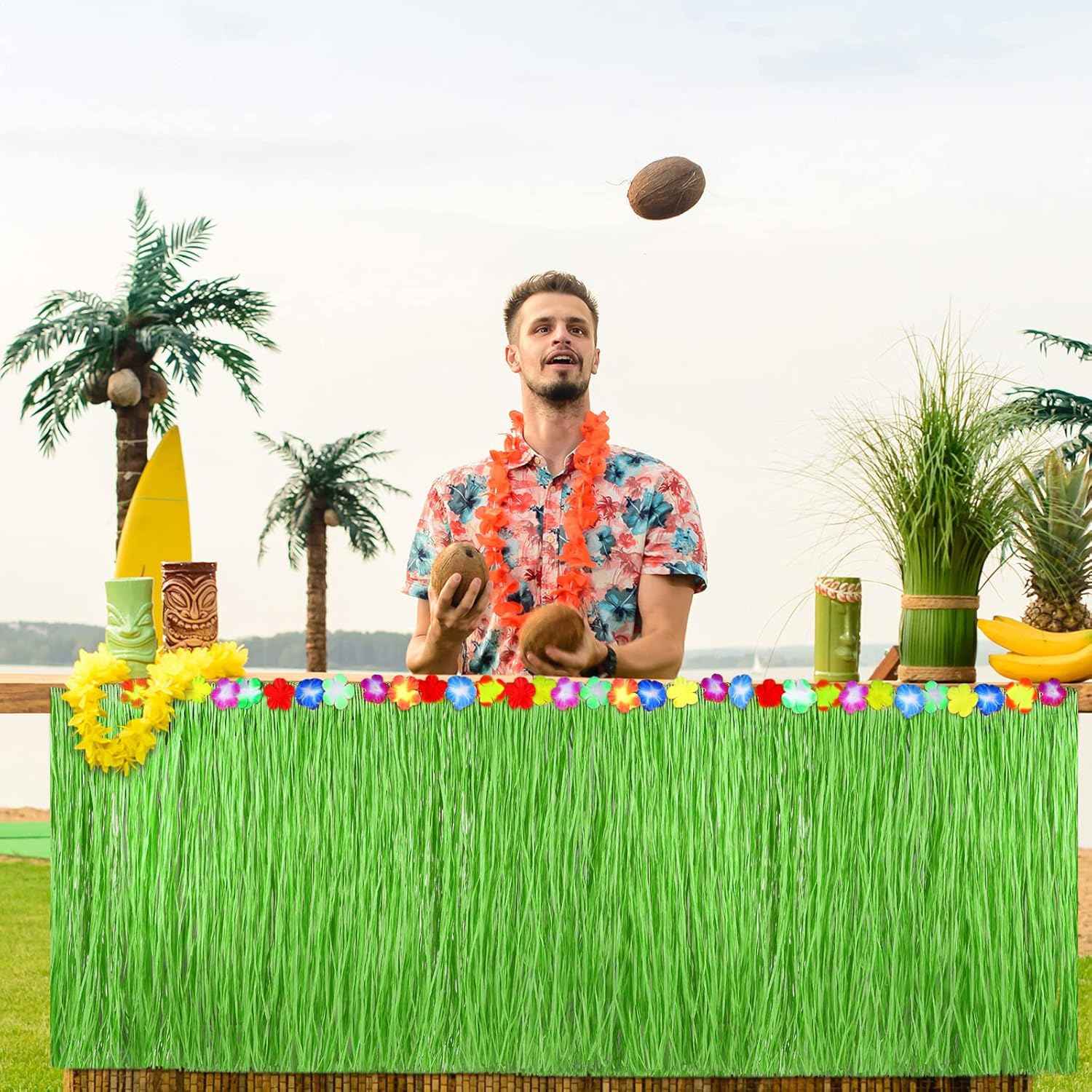 Hawaiian Luau Grass Table Skirt 9 Feet x 30 Inches Raffia Table Skirt Tiki Bar Table Decoration with Hibiscus Flowers for Tropical Hawaiian Luau Party Costume Party Decorations(Green,4 Pack) - Image 5