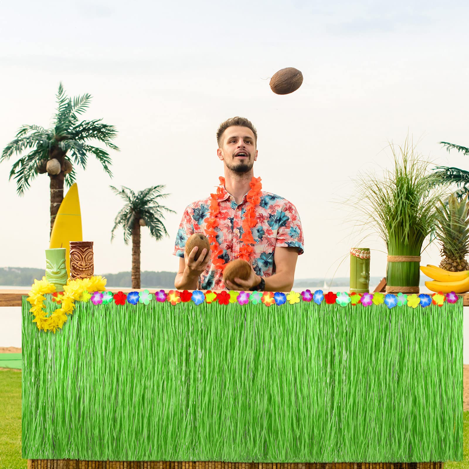 Kit Décoration Hawaïenne Luau Complet – Jupe Table 9.6ft + Fleurs Hibiscus, Parapluies, Feuilles Palmier, Ananas