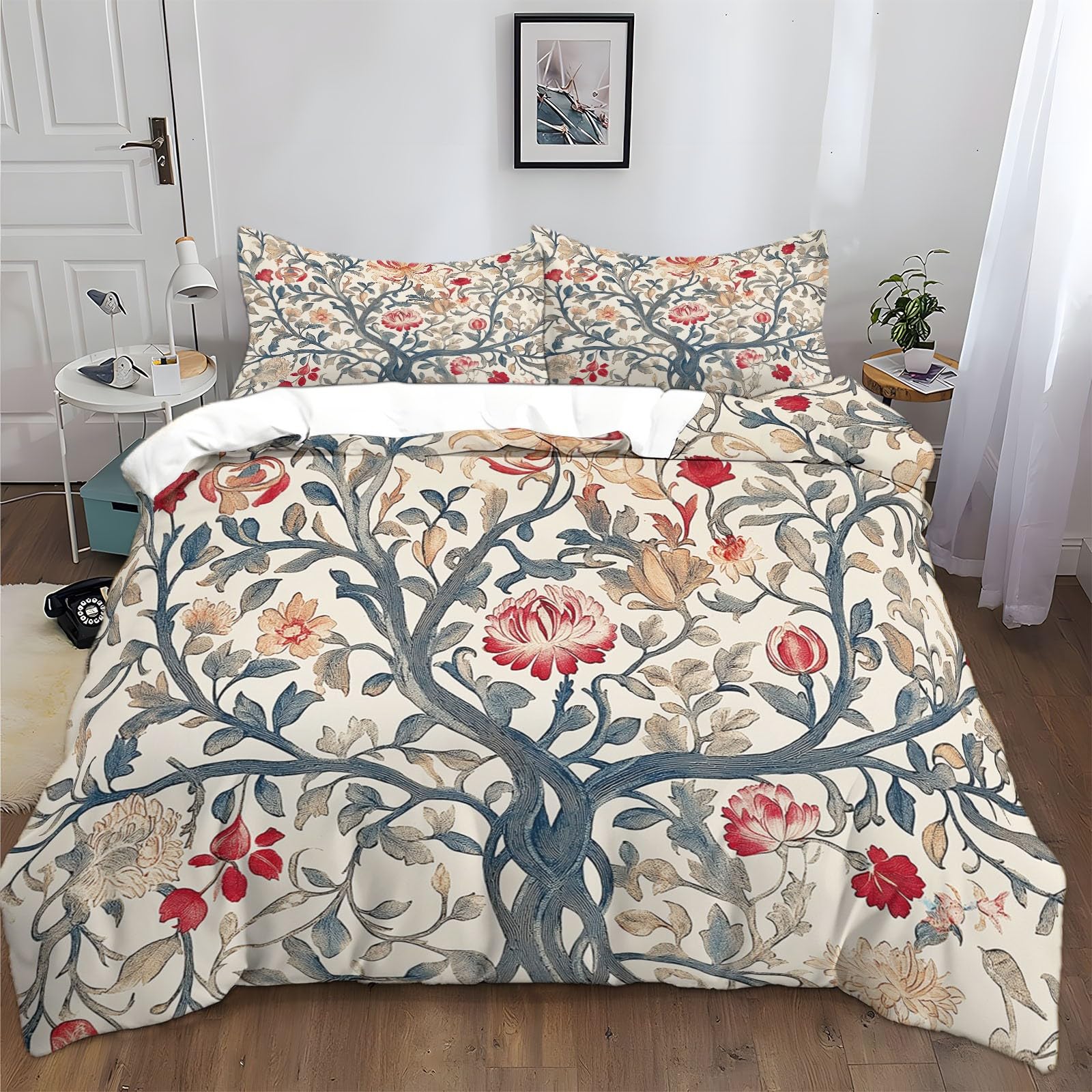 Housse de Couette 240x260 cm Parure de Lit Kingsize 3 Pièces Motif Floral Style Campagne Chic