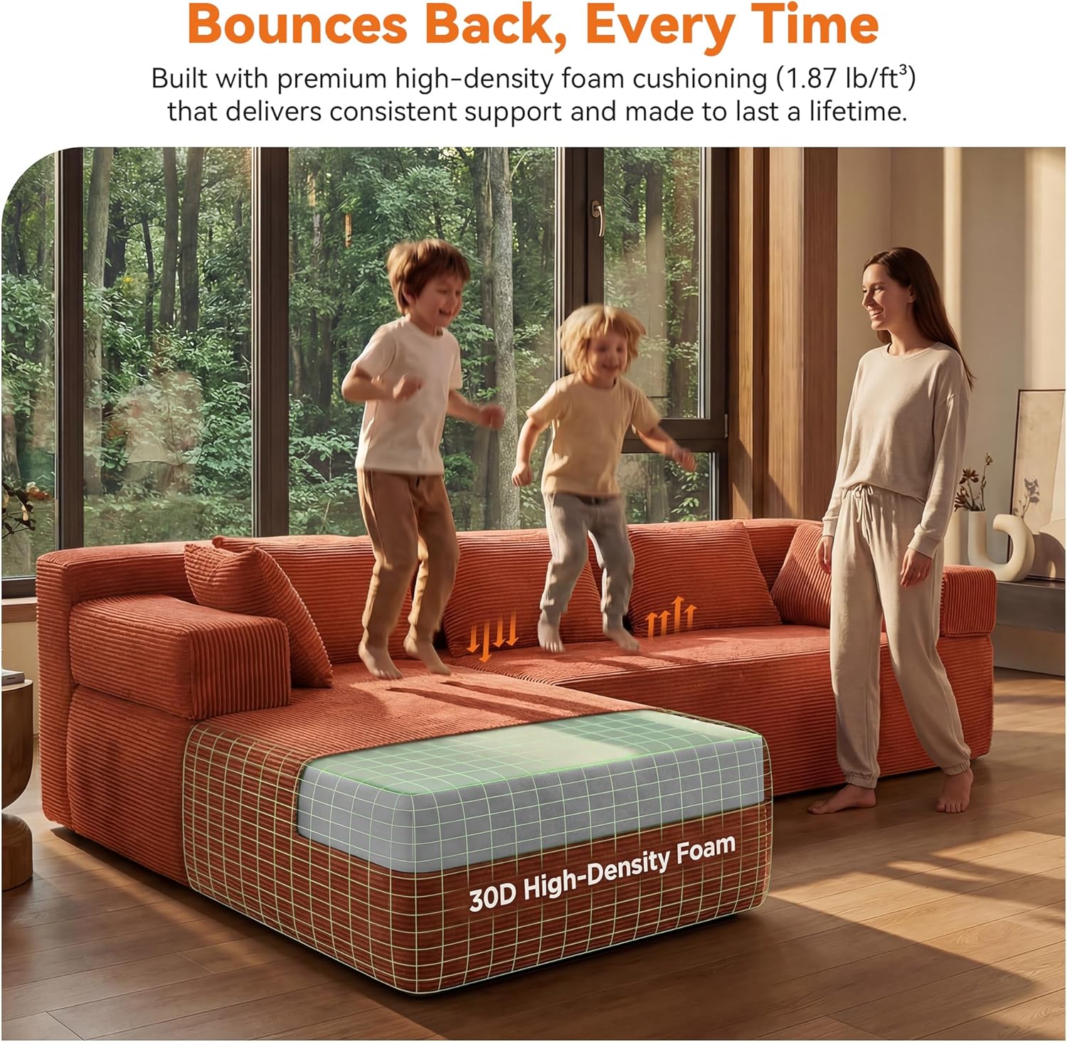 MONVANE 106" Cloud Sectional Couch with L-Shaped Chaise, Modular Sectional Sofa with Deep Seat and Removable Armrests, Comfy Corduroy Boneless Couches for Living Room, No Assembly Required, Terracotta thumbnail
