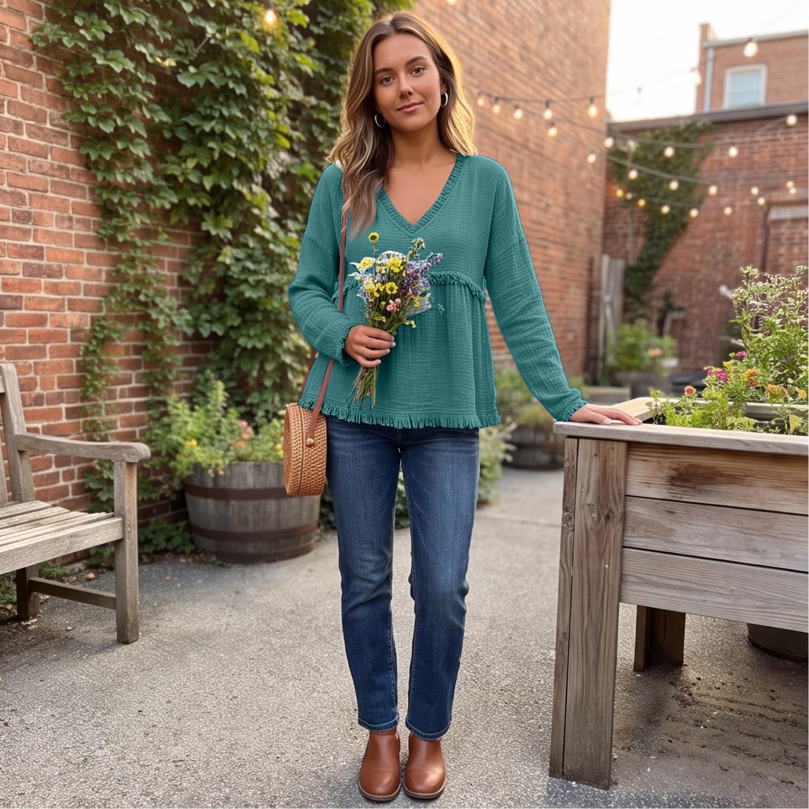 Camicie a maniche lunghe con scollo a V in garza di cotone Boho per le | Camicetta da donna in garza di cotone traspirante boho con frange sciolta fluida scollo a V leggera adatta per viaggi
