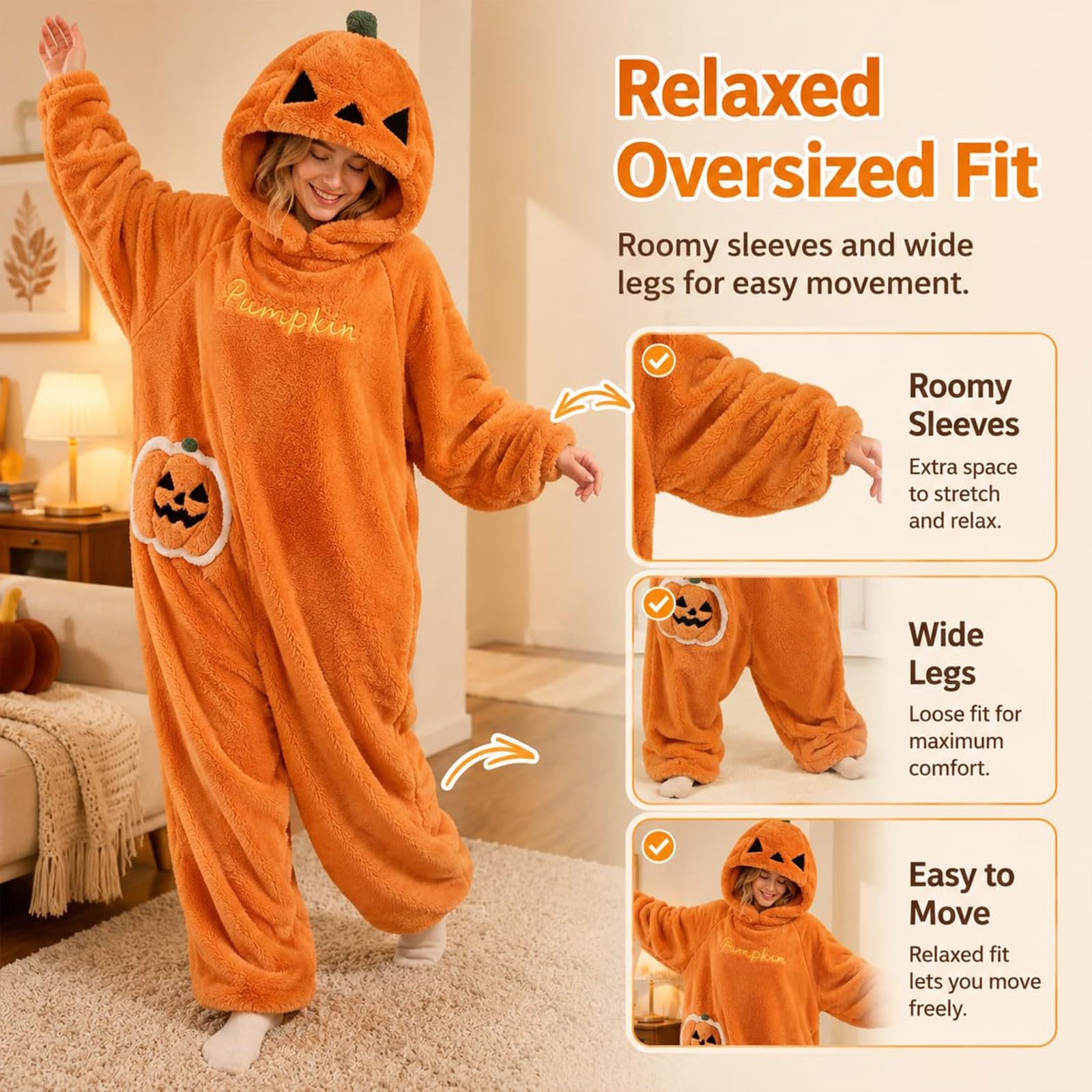 Costume Halloween Donna, Pigiama Intera Halloween Zucca con Cappuccio, Tuta Onesie in Pile Decorazioni, Pigiama Completo Adulto da Casa per Carnevale, Festa, Cosplay, Natale e Serate a Tema