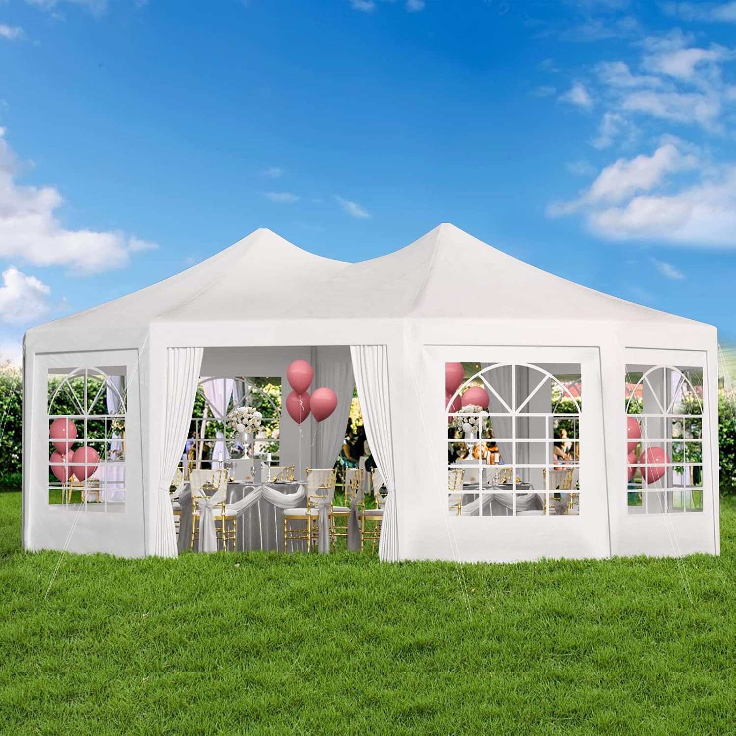 EROMMY 26x19ft Party Tent, White Wedding Tent, Decagonal Heavy Duty Canopy with 8 Removable Sidewalls, 8 Church Windows and 2 Pull-Back Doors, Outdoor Gazebo Pavilion Shelter Tent for Party, Event
