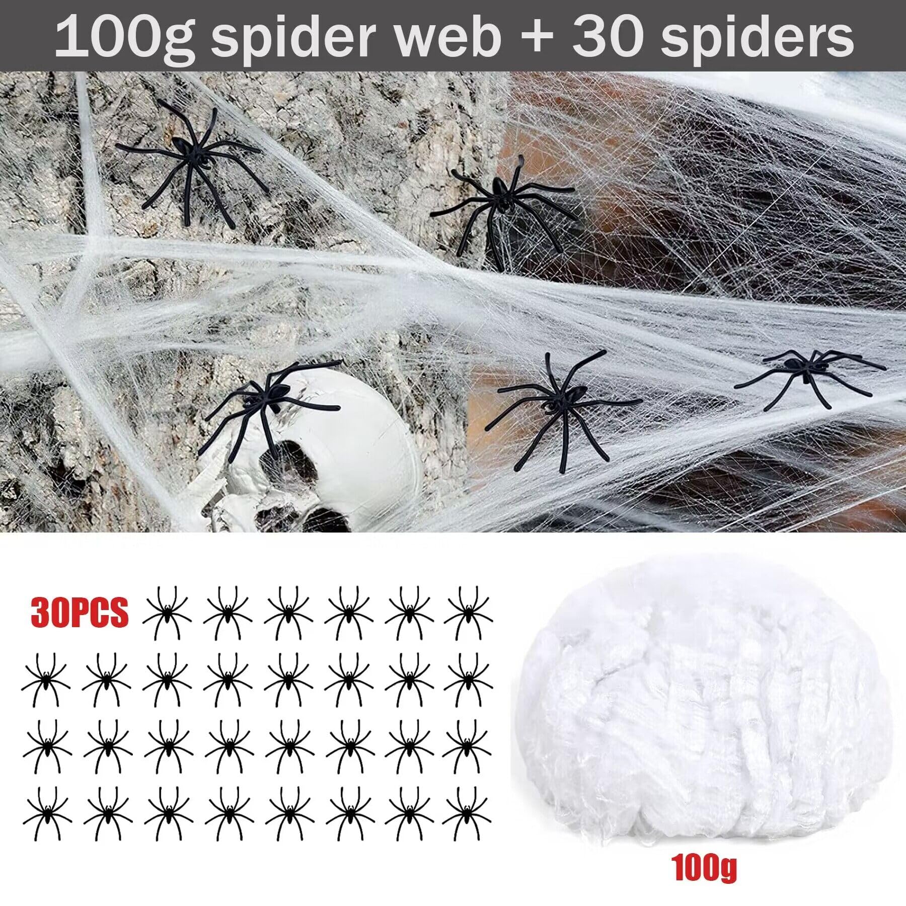 Telarañas Decorativas De Halloween,Tela De Araña Elástica 100g con 30 Arañas Falsas para Halloween Decoración Interior Y Exterior
