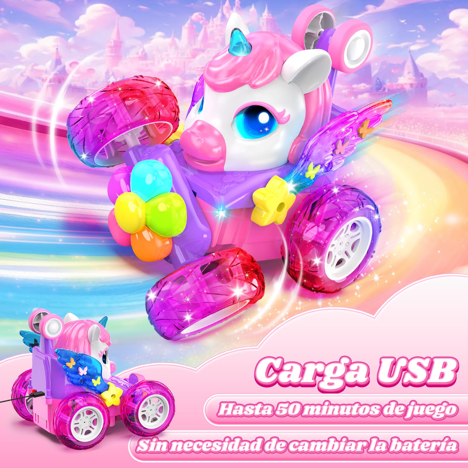 Unicornio Coche Teledirigido Niños 3-12 Años, 2,4Ghz RC Car Radiocontrol con Luce & 360° Rotación, Unicornio Juguete Regalo Niña 3-12 Años Juego Niña 3 4 5 6 7 8 9 10+ Años de Cumpleaños Navidad