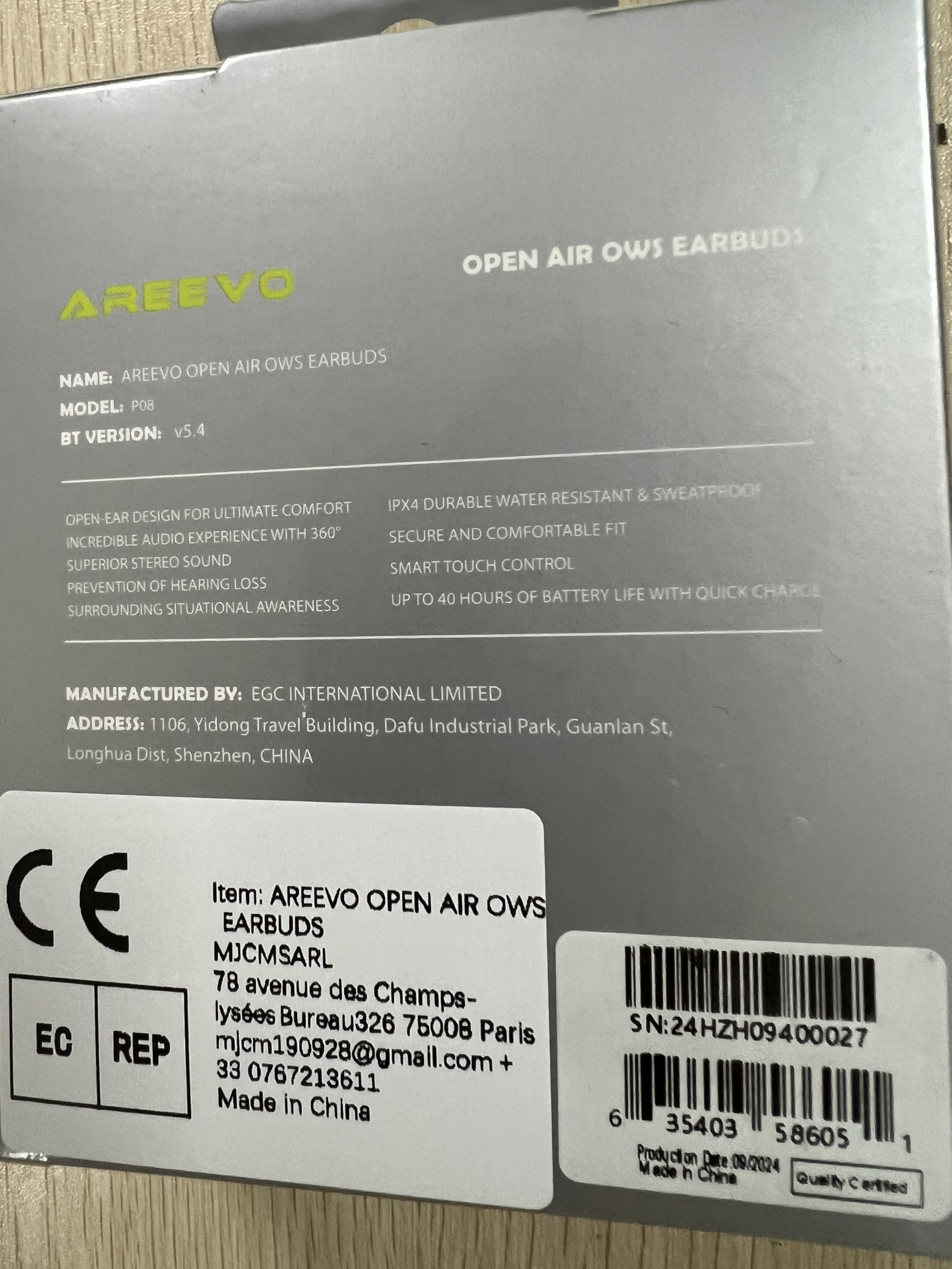 Open AIR OWS Auricolari, Impermeabile IPX4 Gancio per orecchio Auricolari senza fili con suono stereo a 360° Bluetooth 5.4, Controllo Smart Touch, Fino a 40 ore di riproduzione