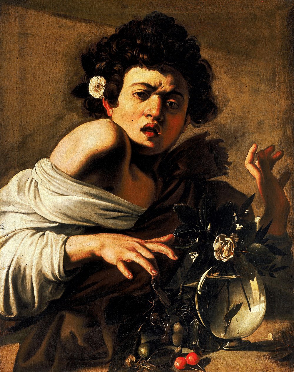 Caravaggio Boy Bitten by a Lizard impression matte de qualité musée avec cadre marron