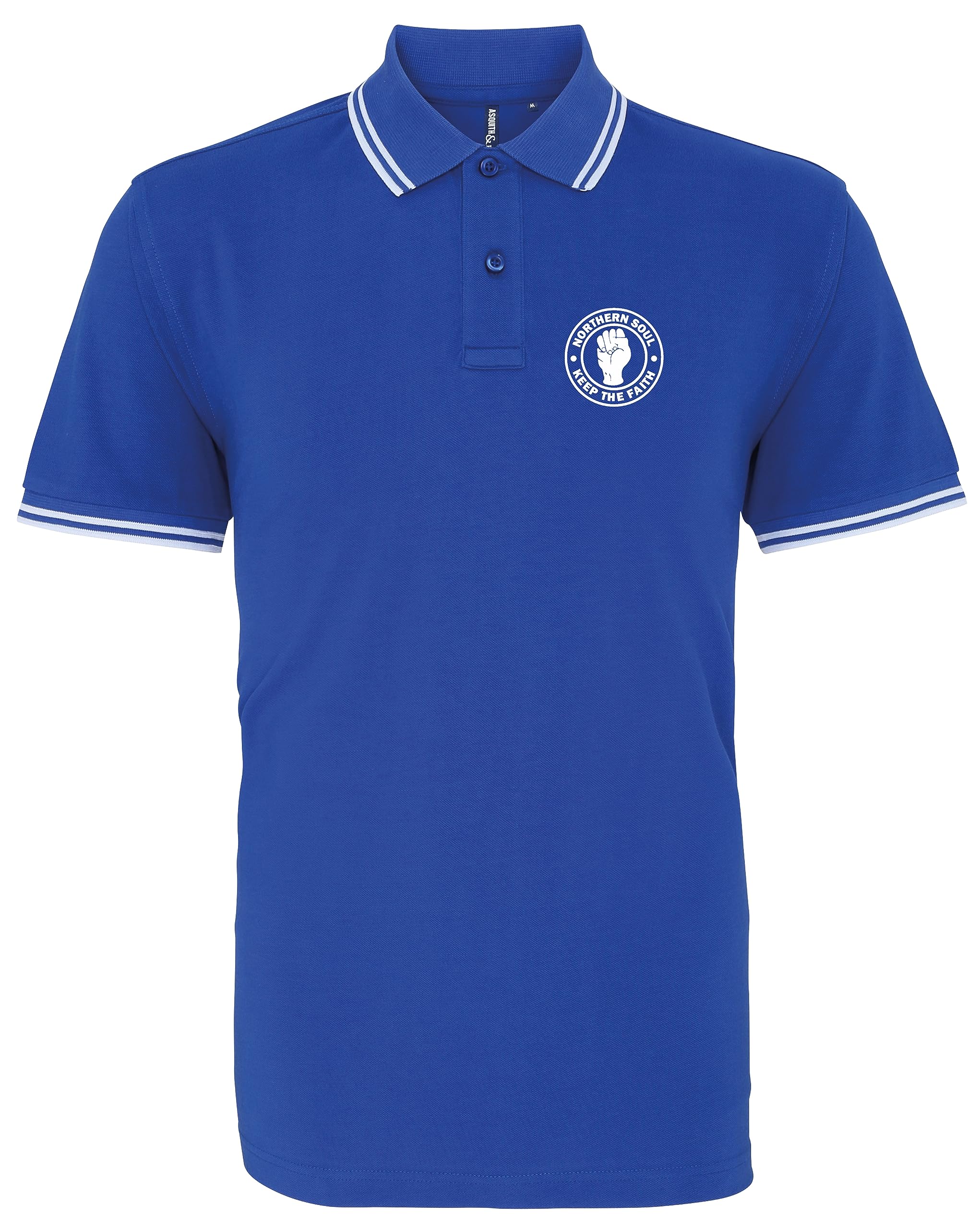 HiViz Kings Northern Soul Keep The Faith Embroidered Tipped Polo Shirt (L 42", Royal & White)