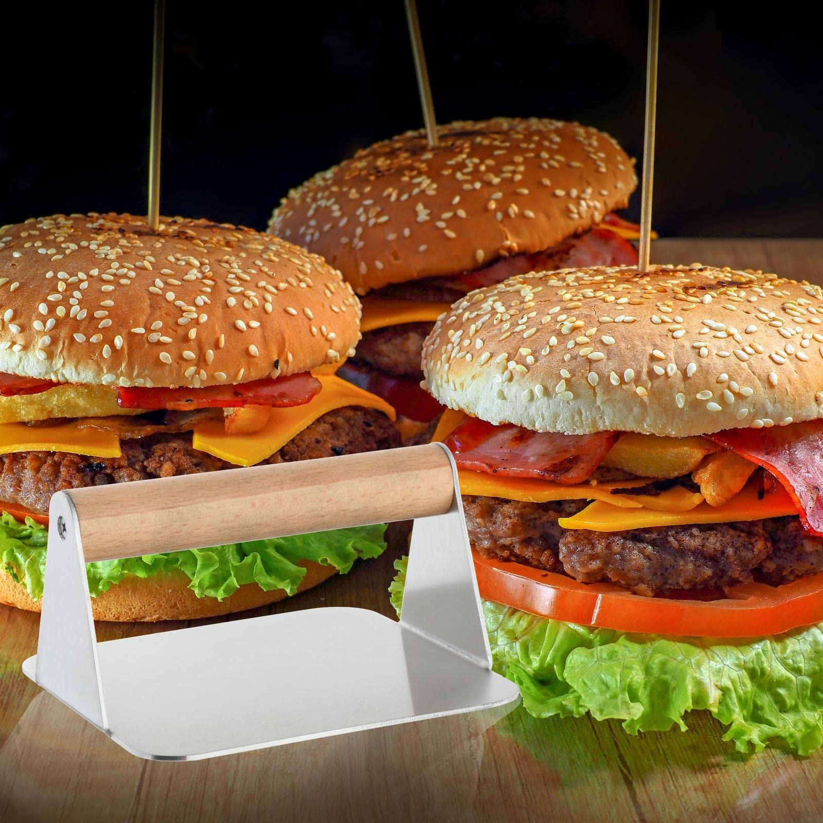 Wytrzymała prasa do hamburgerów do patelni, nieprzywierająca, narzędzie kuchenne ze stali nierdzewnej, łatwa do czyszczenia, ręczna maszyna do hamburgerów, do bekonu, steków, sera, panini,