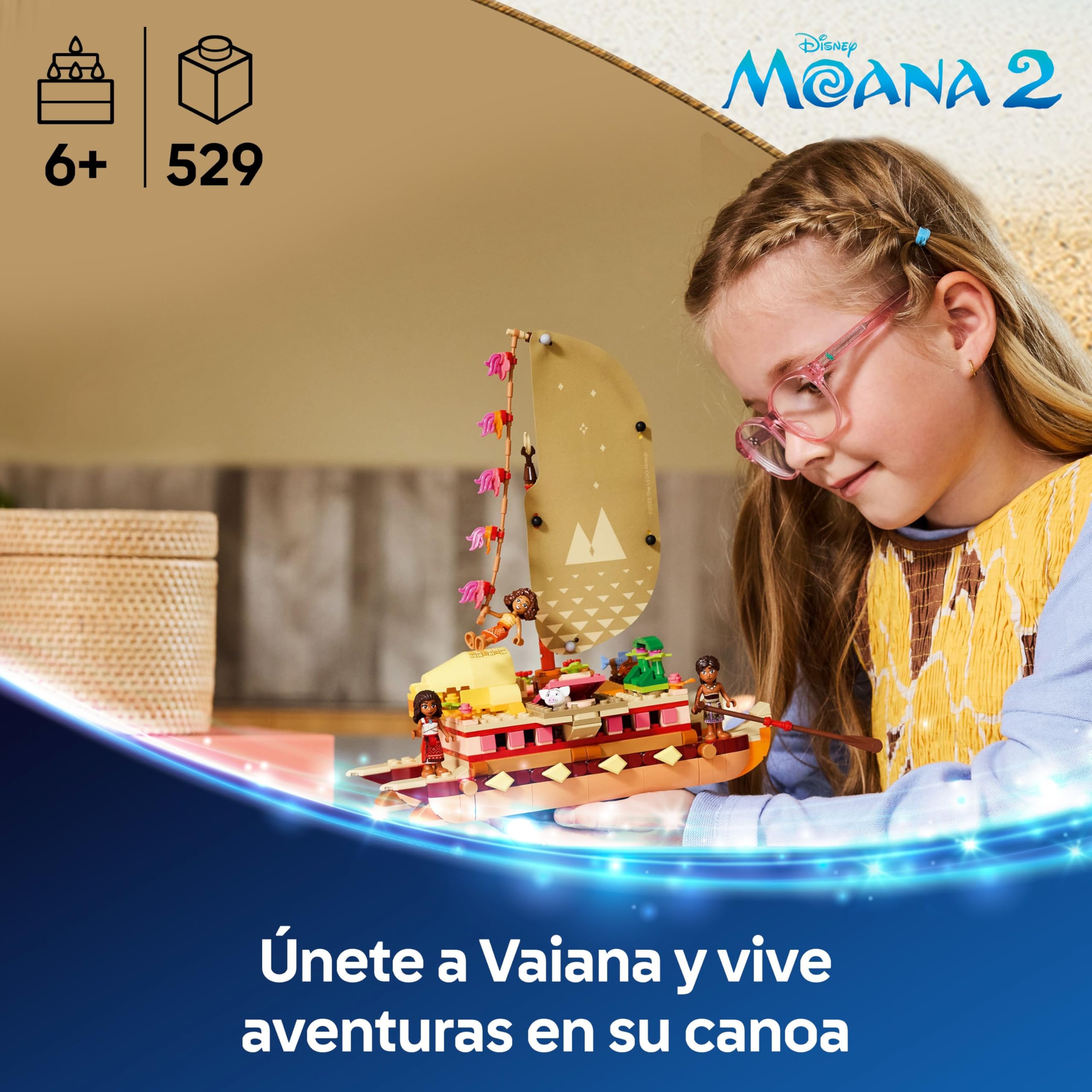 LEGO | Disney Vaiana 2 Canoa de Aventuras de Vaiana - Barco de Juguete con Vela Textil, Hoguera, 3 Mini Muñecos Inc. Loto y Moni y Cerdito Púa - Regalo Creativo para Niñas de 6+ Años y Fans 43270