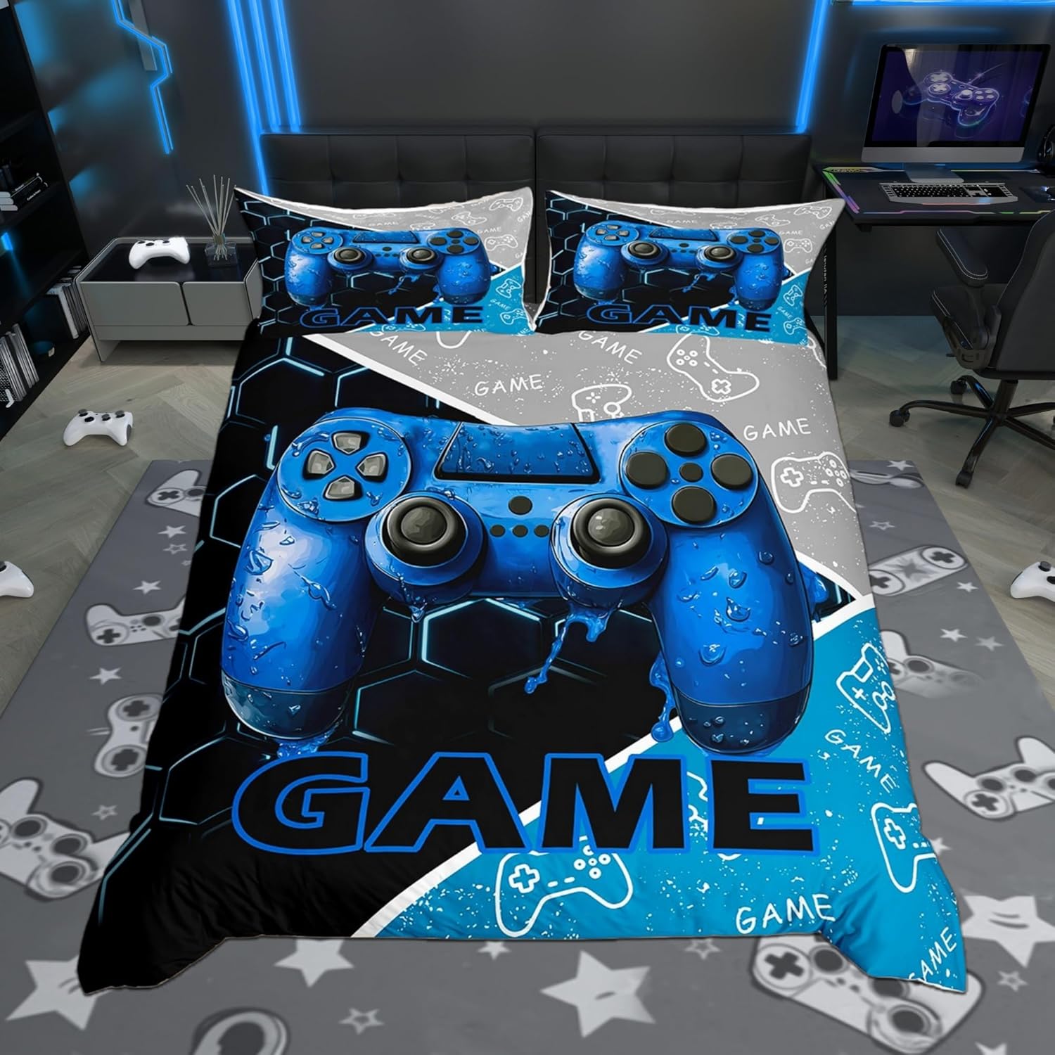 Gaming Boys Duvet Cover Queen Size,Blue Video Game Consoles Gamepad Polyetser Reversible Bedding Set (Not Comforter),Geometric Honeycomb Gamer Room Decor Comforter Cover for Bedroom, Zipper, Ties
