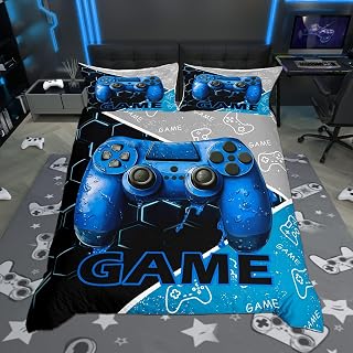 Gaming Boys Duvet Cover Queen Size,Blue Video Game Consoles Gamepad Polyetser Reversible Bedding Set (Not Comforter),Geometric Honeycomb Gamer Room Decor Comforter Cover for Bedroom, Zipper, Ties