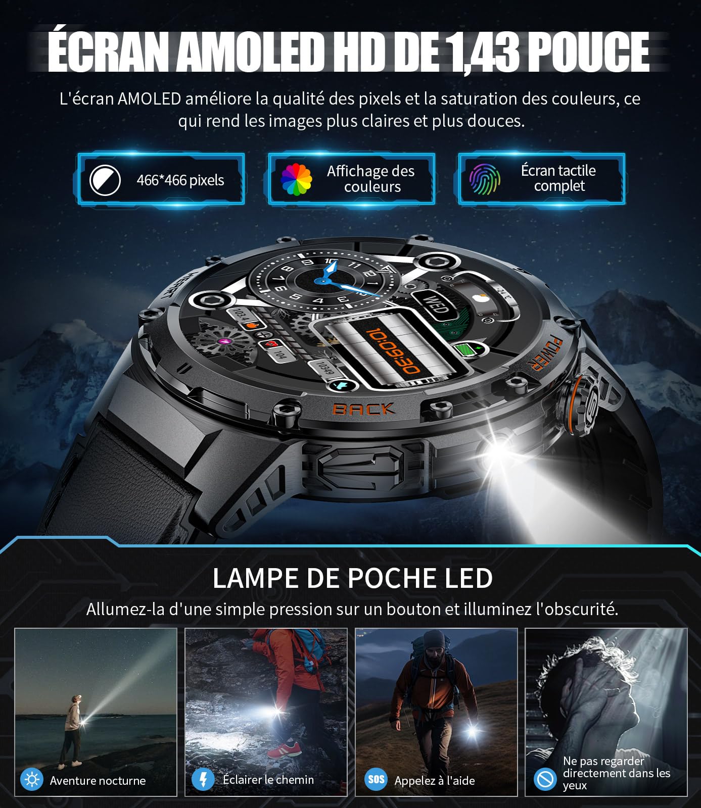 Montre Connectée Homme 1,43'' AMOLED Fitness Tracker Appel Bluetooth Android iOS Sommeil Fréquence Cardiaque Podomètre 5ATM étanche Smartwatch 2 Bracelets