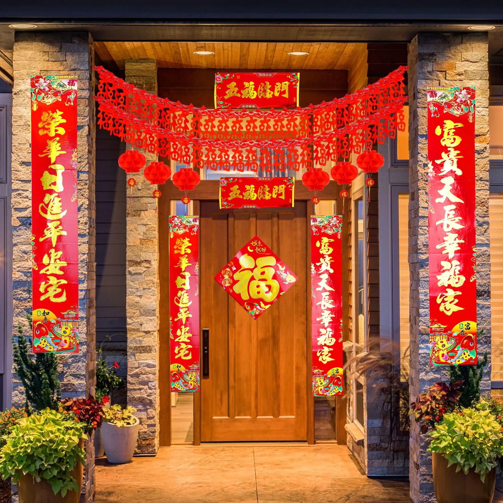 SPORWAY Lot de 43 pièces Couplet chinois Nouvel An Décoration Printemps Festival Chunlian Enveloppes rouges Hong Bao Fu Personnage Lanterne Rouge Fenêtre Décalcomanies Année du serpent 2025