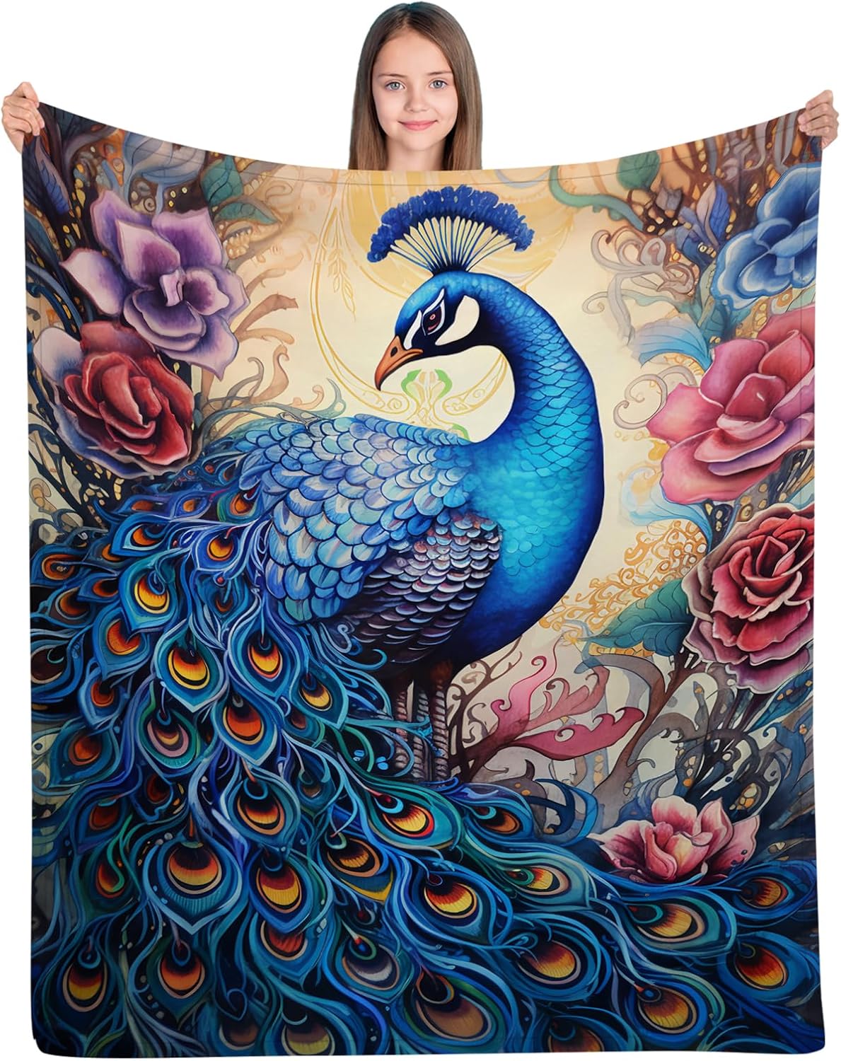 Peacock Blanket, Beautiful Peacock with Floral Flowers Throw Blanket, 60"x50"