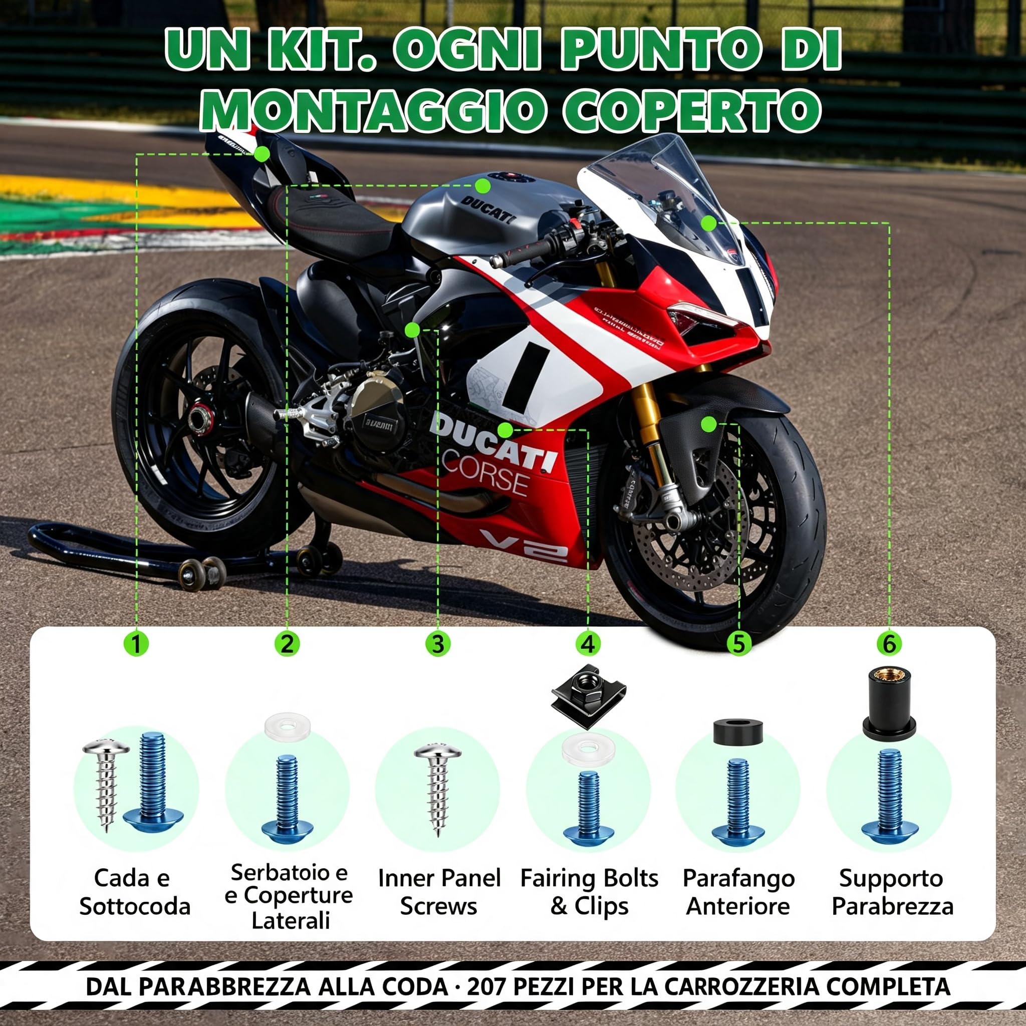 Kit di 207 bulloni per carenatura moto, assortimento di hardware in acciaio inossidabile 304 zincato blu, viti a testa esagonale M5 M6 con clip, dadi e rondelle in nylon per carrozzeria