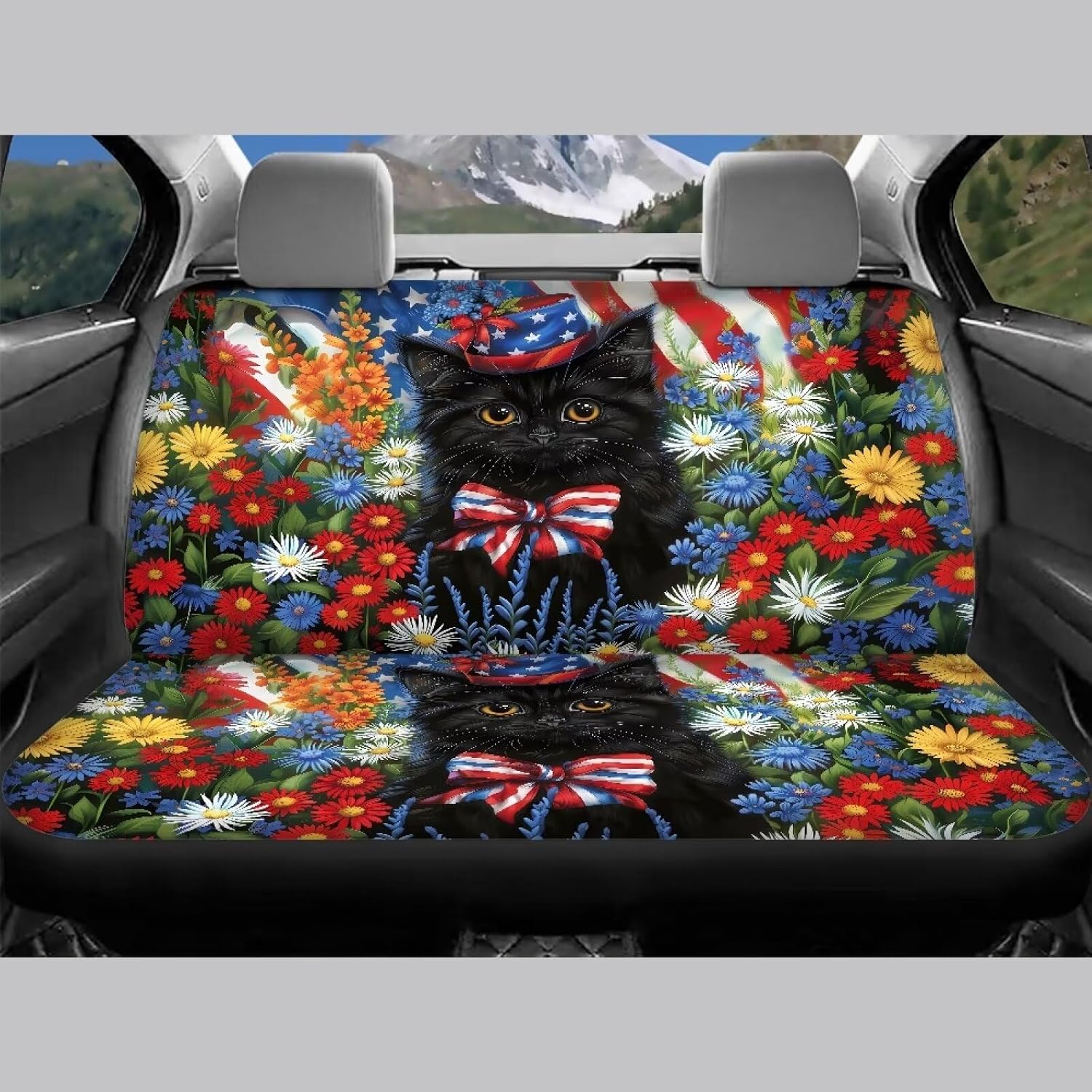 Cute Black Cats Car Seat Covers Full Set for Women American Flag Auto Seat Cushion Covers Breathable Elastic Front and Rear Back Bench Seat Covers Universal Fit for Most Truck SUV Van