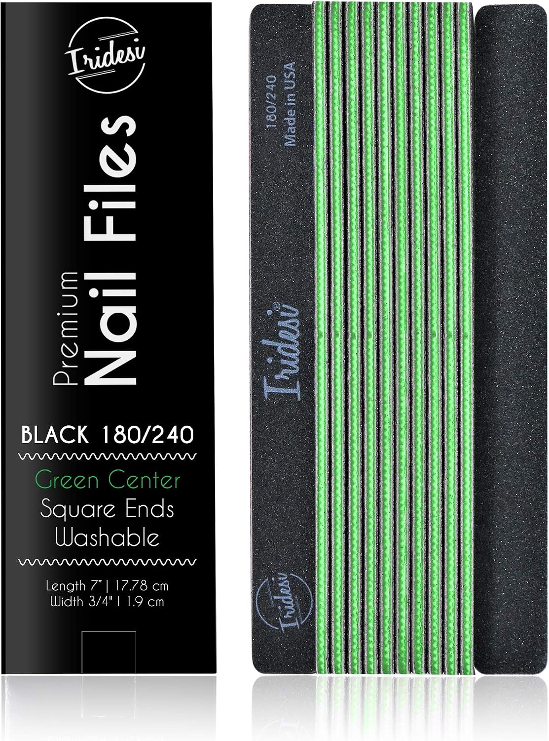 Professional Nail Files Black Washable Emery Boards 7 Inches Long Square End Serrated Edge 12 Fingernail Files Per Pack (180/240)