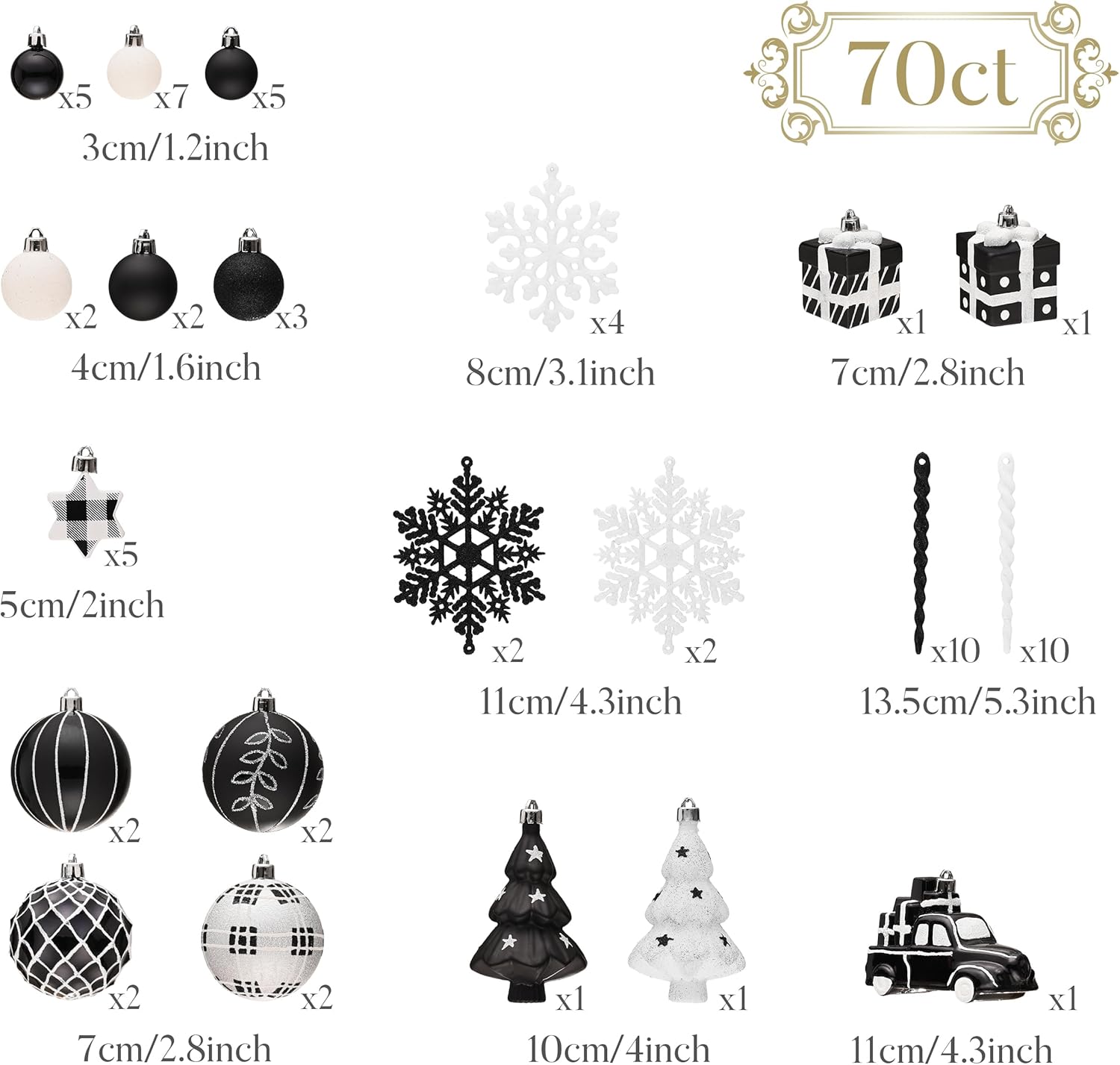 Valery Madelyn Christmas Tree Ornaments Set, 70ct Black and White Shatterproof Christmas Tree Decorations Bulk, Variety Modern Decorative Hanging Ball Ornaments for Xmas Trees Holiday Decor