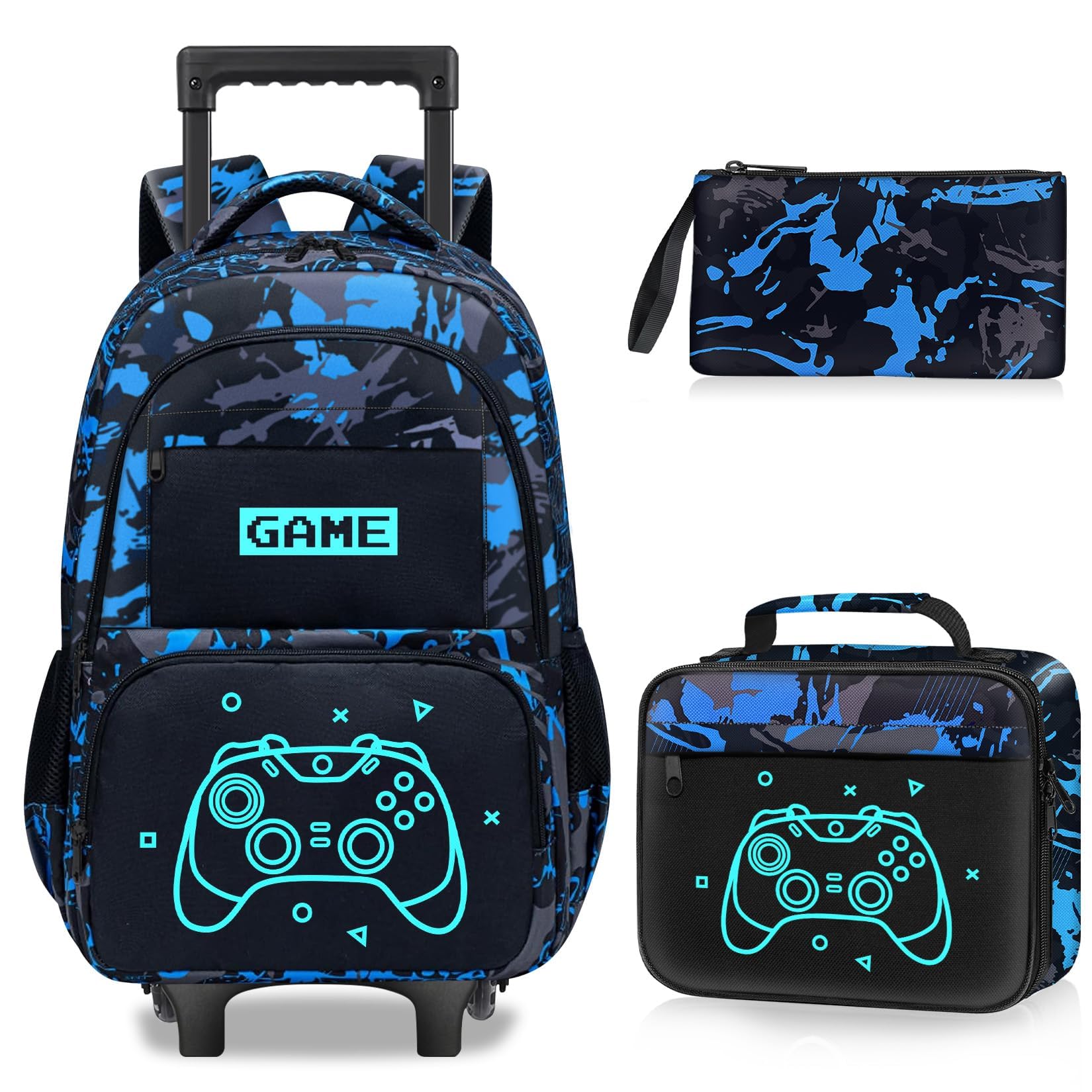 Fitvc Gamer Rolling Backpack for Boys - 3PCS Boys Rolling Backpack with Lunch Box Set for Kids Children Teens Elementary Middle School,Glow in The