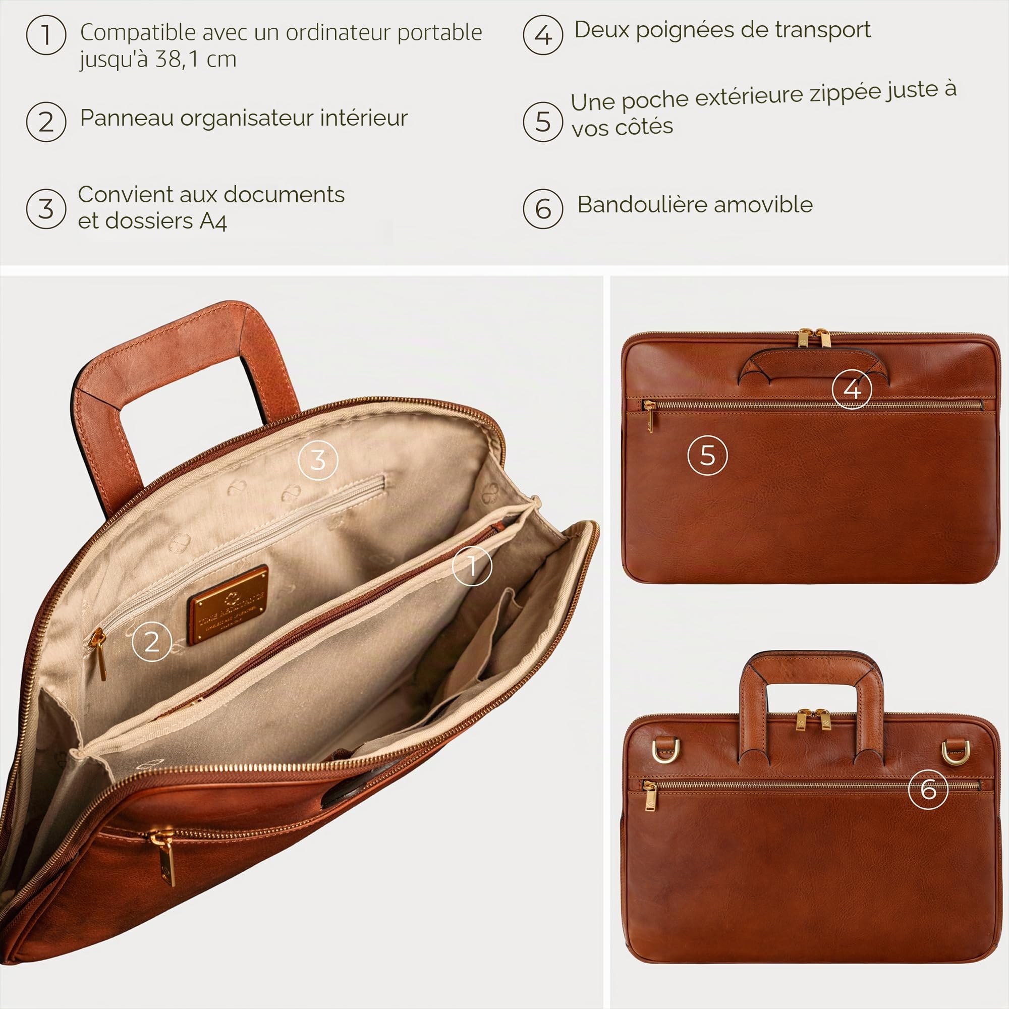 Time Resistance Mallette en Cuir Mince - Sac d'Ordinateur en Cuir Italien Fait à la Main - Sac pour Ordinateur Portable