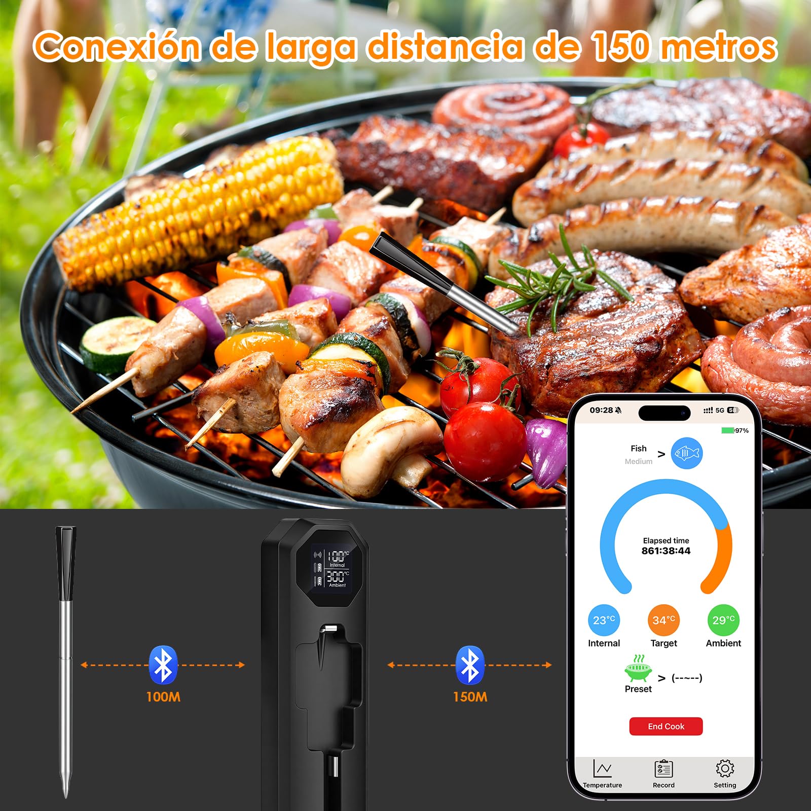 Dreamhigh® Termometro Digital Cocina con Bluetooth, 2 Sondas, IP67 Impermeable​, 0-300°C, Termometro Carne para BBQ, Grill, Cocina, Asador