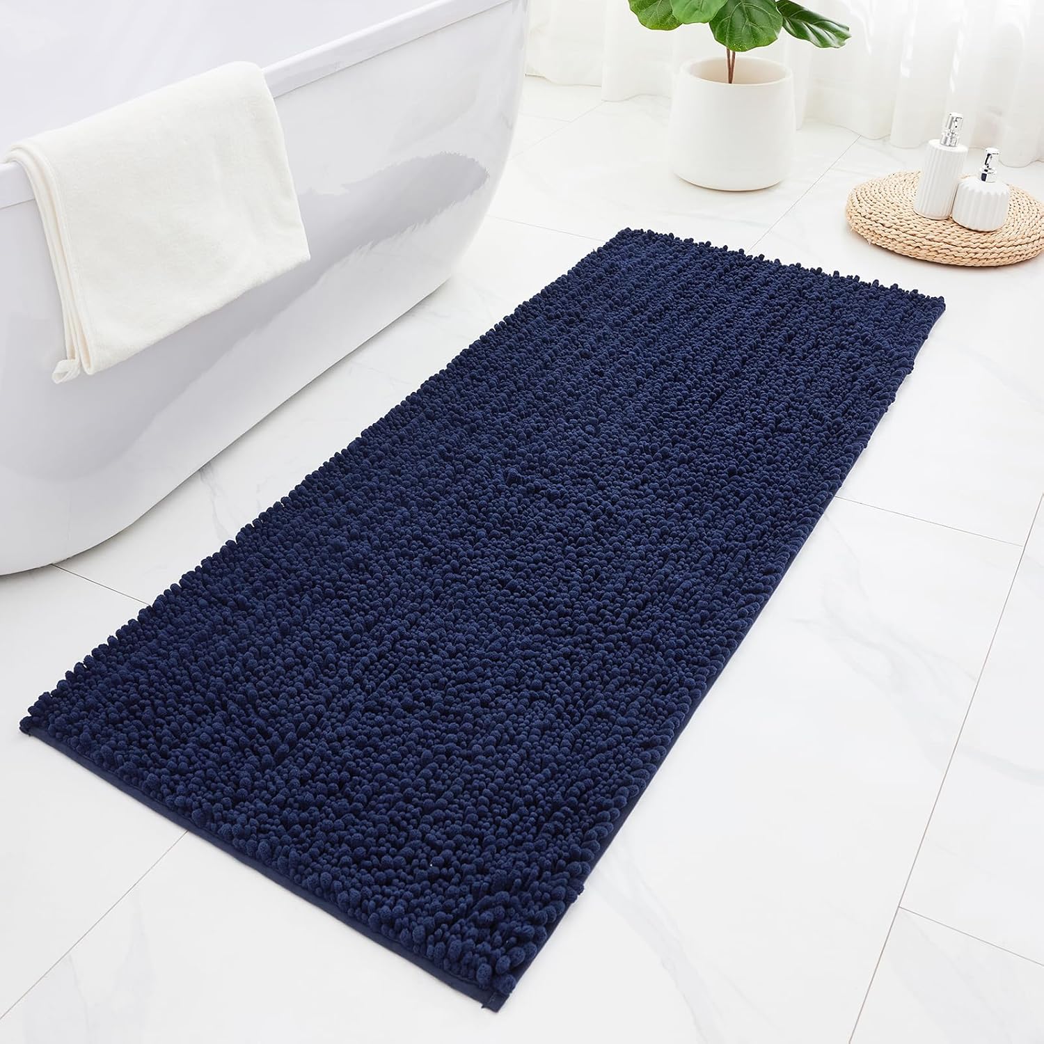 ILANGO Bathroom Rugs Navy Blue 70x24,Extra Soft Absorbent Chenille Bath Rugs,Thick Non-Slip Shaggy Bath Mat,Machine Washable Quick Dry Bath Mats for Bathroom Runner Floor, Tub, Shower Accessories