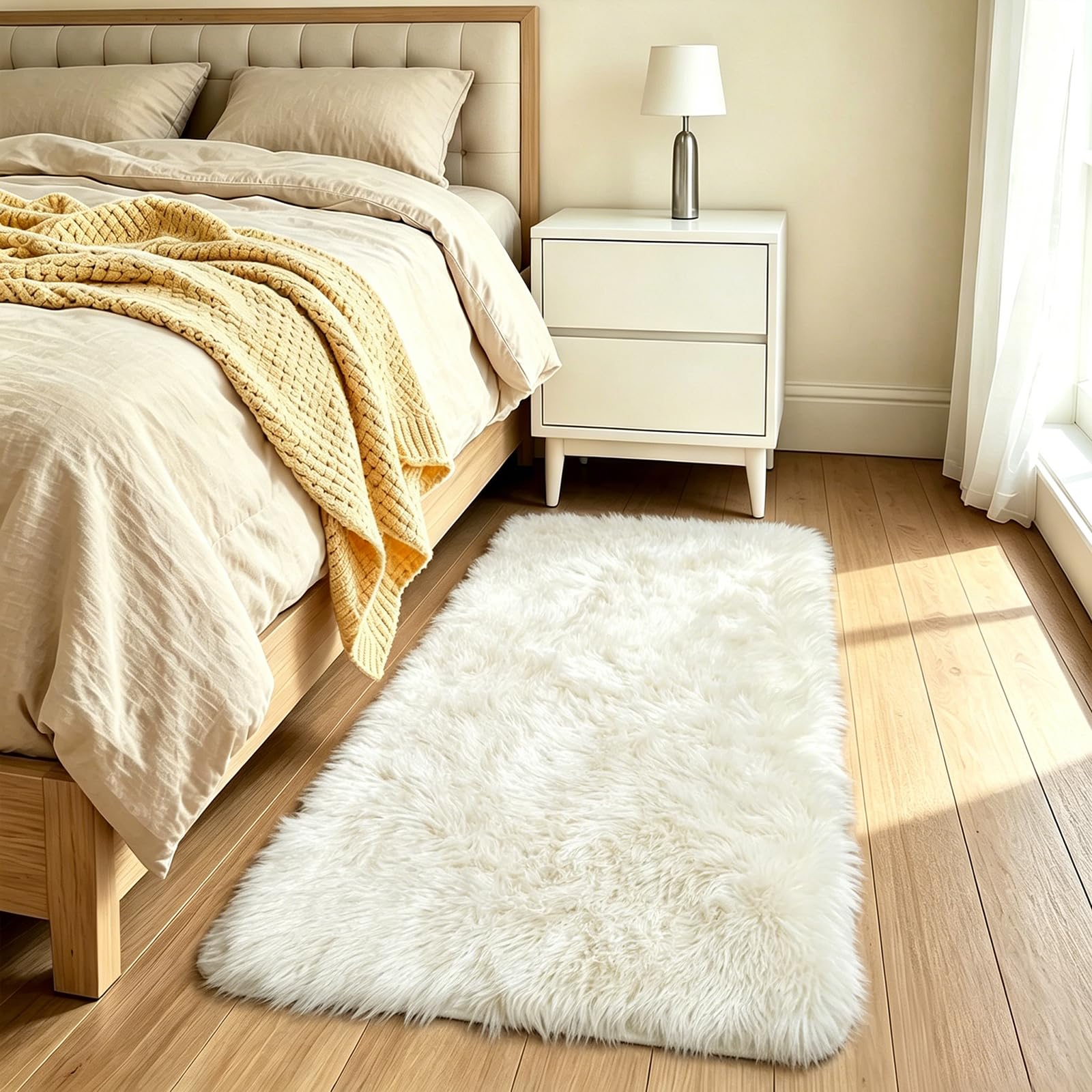 Homcomodar Rugs Living Room 60x120cm Fluffy Rugs for Bedrooms Anti-Slip Beige Rug Soft Thick Shaggy Rug for Bedside Living Room Bedroom Kids Room Nursery