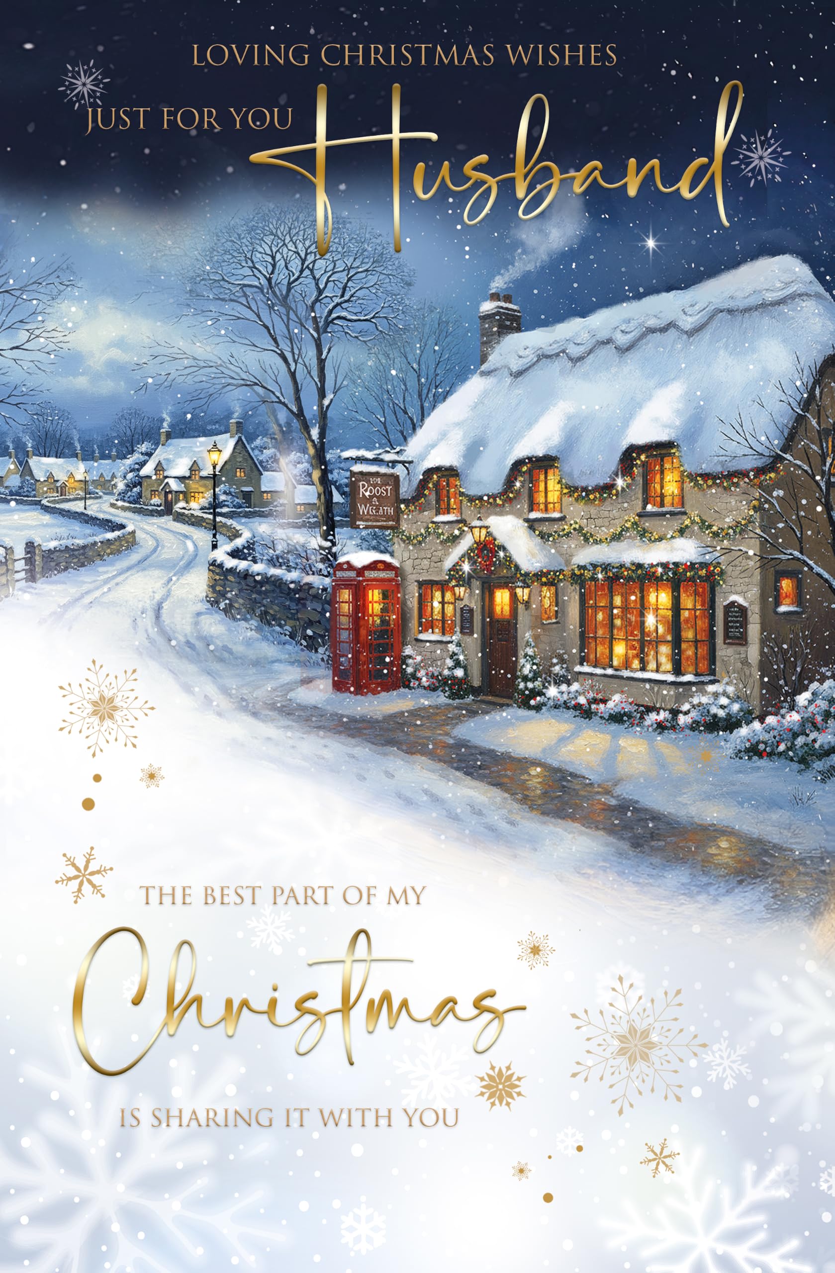 Cherry Orchard - Extra Large Husband Christmas Card – Romantic Christmas Card for Husband | Traditional Snowy Village Design | Premium Double Page Insert | Elegant Gold Foil Finish | Envelope Included