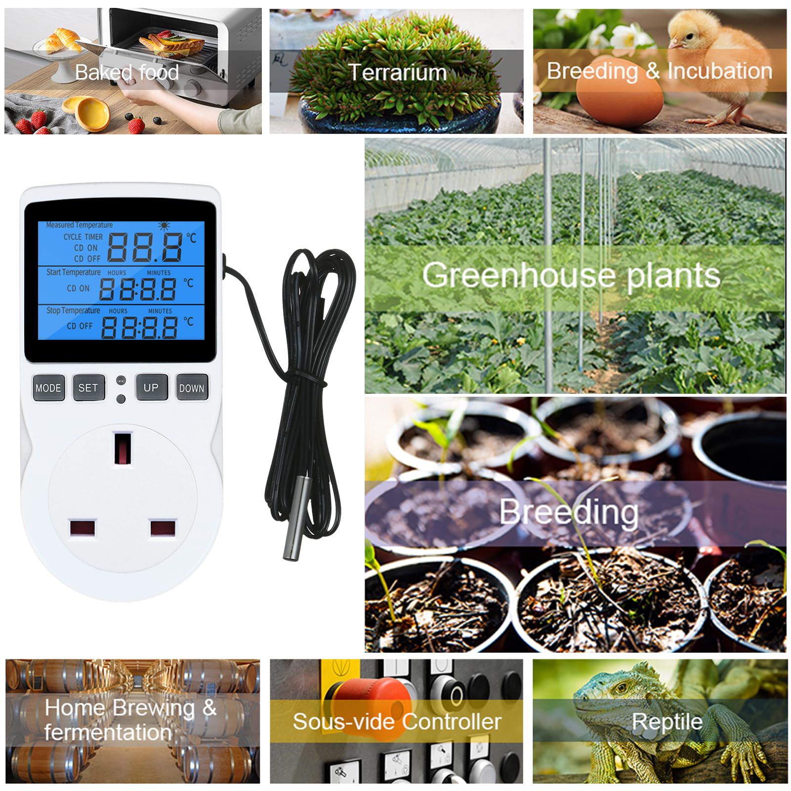 Weytoll Termostato digital LCD con enchufe, control de calefacción y refrigeración para terrarios, acuarios y reptiles, control de temperatura con temporizador y sonda