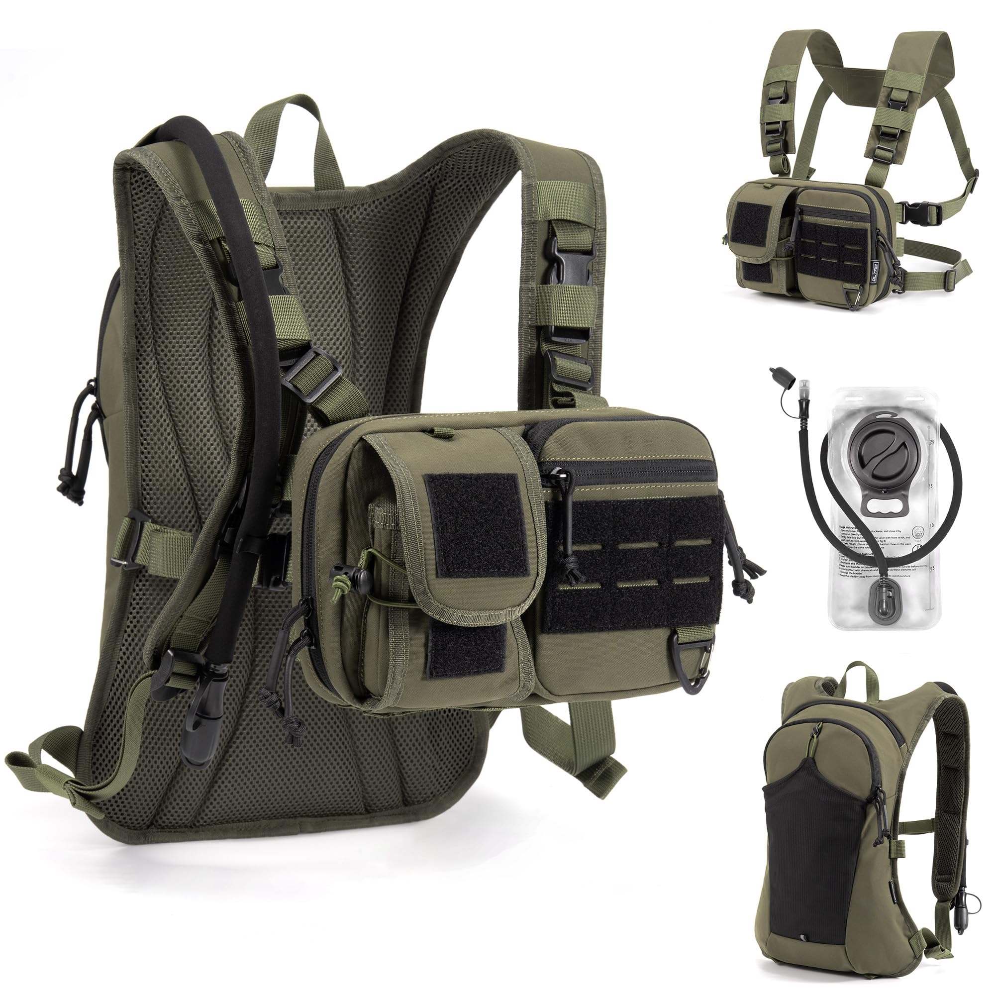 2-in-1 Convertible Chest Pack and Hydration Backpack with 2.5L Water Bladder, Molle Hydration Vest for Women Men Outdoor Hiking Gravel Cycling Mountain Biking Running (Green, One Size)-image-7