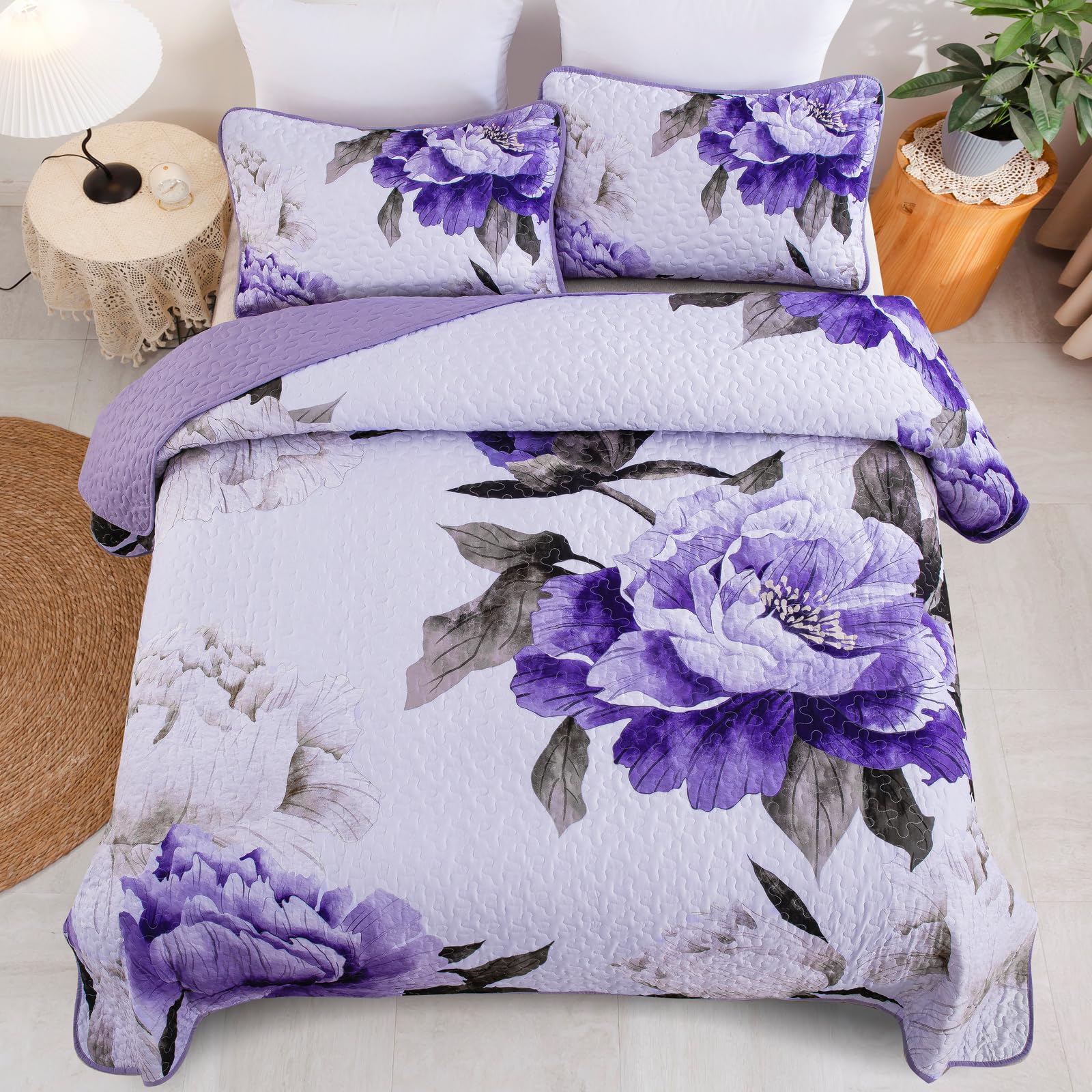 Mybedsoul Floral Queen Quilt Set 3 Pieces Purple Flower Printed Quilt Coverlet Set with 2 Pillowcases Boho Style Lightweight Microfiber Bedding Set Bedspread for All Season (Queen 90"x96")