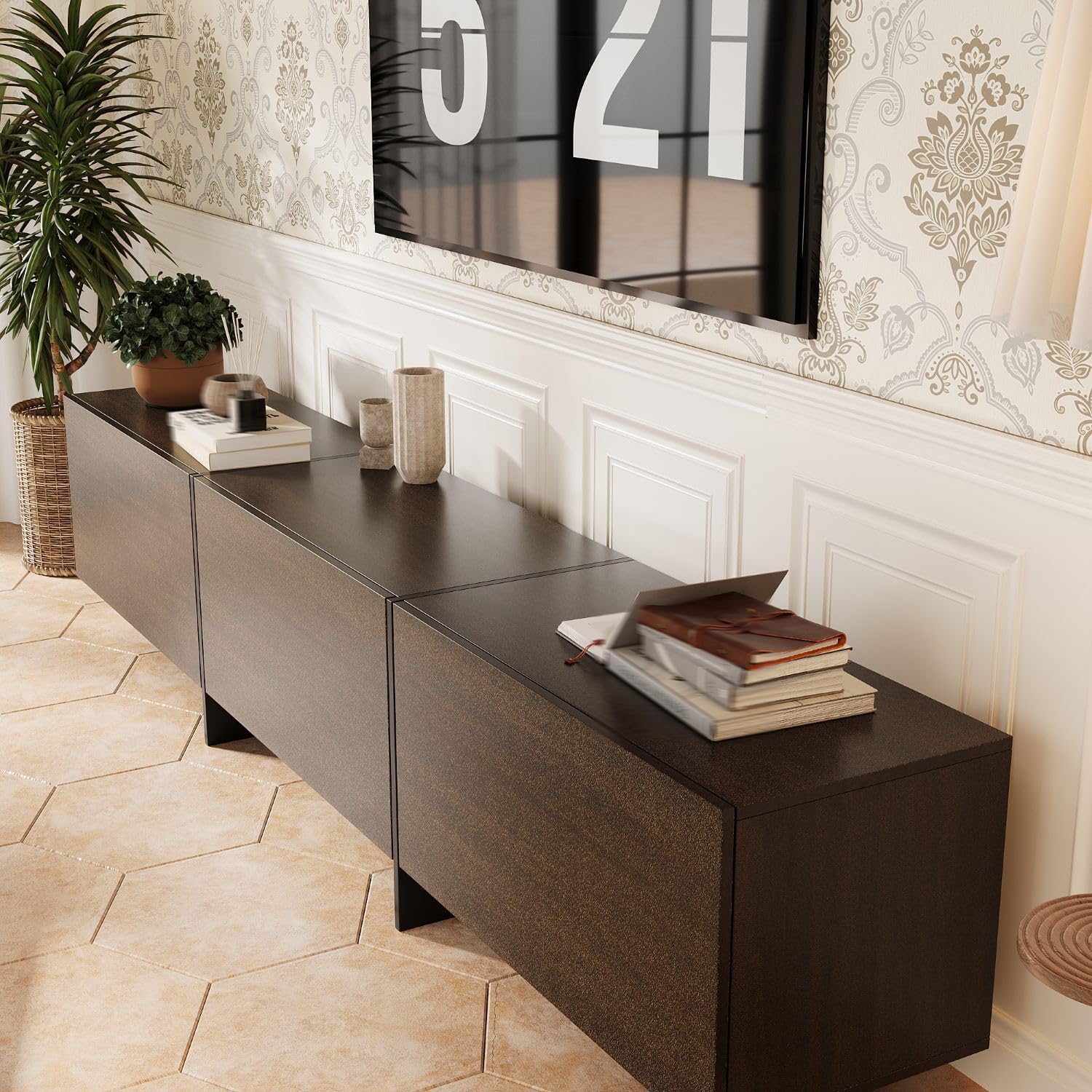 Lovinouse Brown TV Stands for Living Room, 70 Inch Long Under TV Stand Cabinet with Storage, Mid Century Modern Entertainment Media Center with Storage, Media Console Cabinet for Living Room
